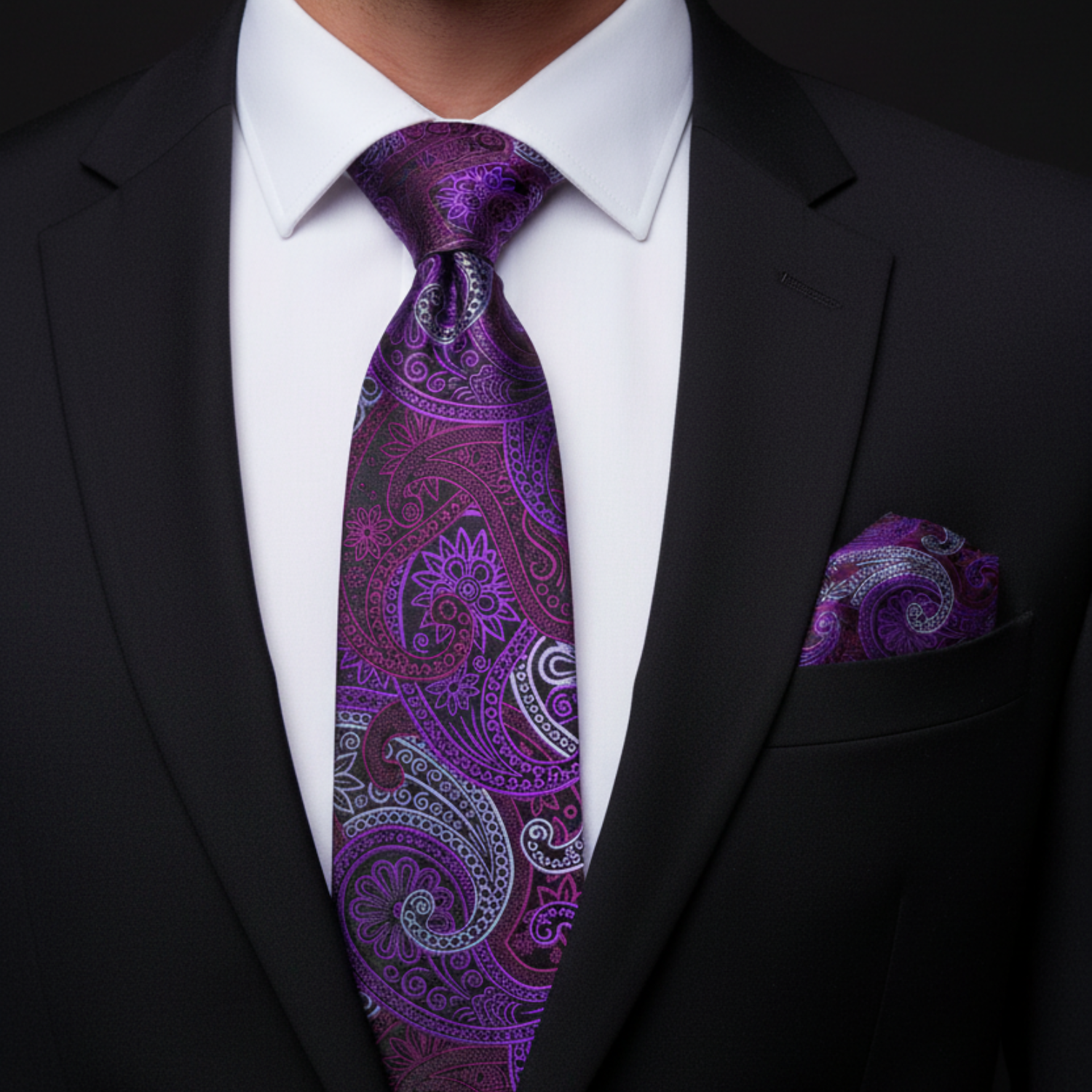 Purple paisley tie and square on man