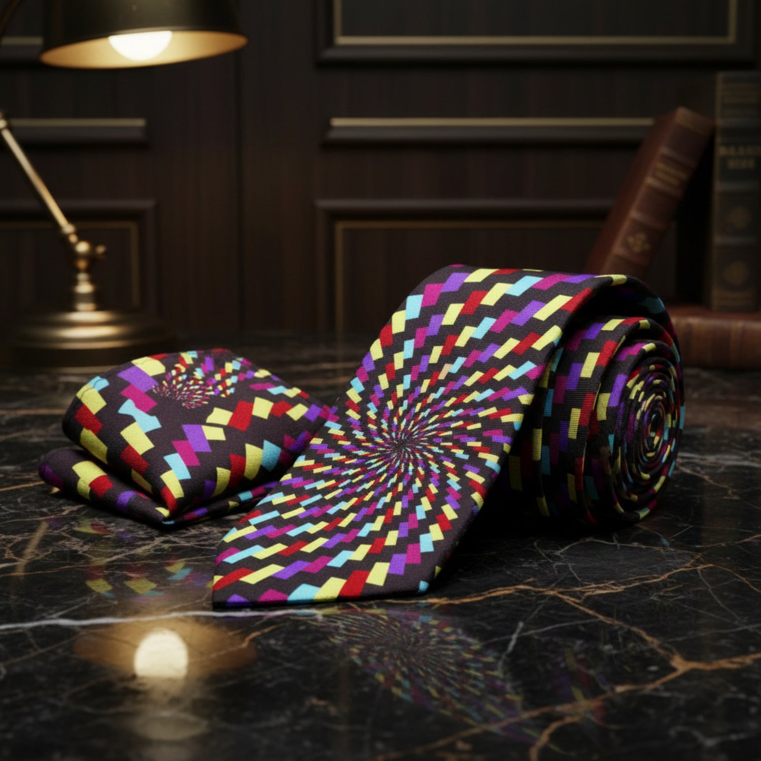 Colorful tie with geometric pattern, pocket square, and cufflinks on a white background