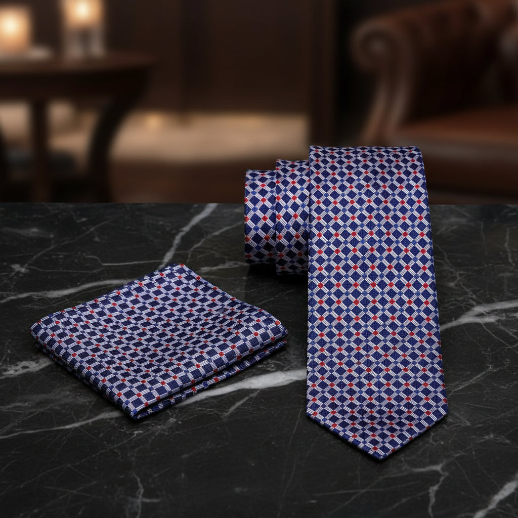 Navy blue tie with red and white geometric pattern and matching pocket square on a white background