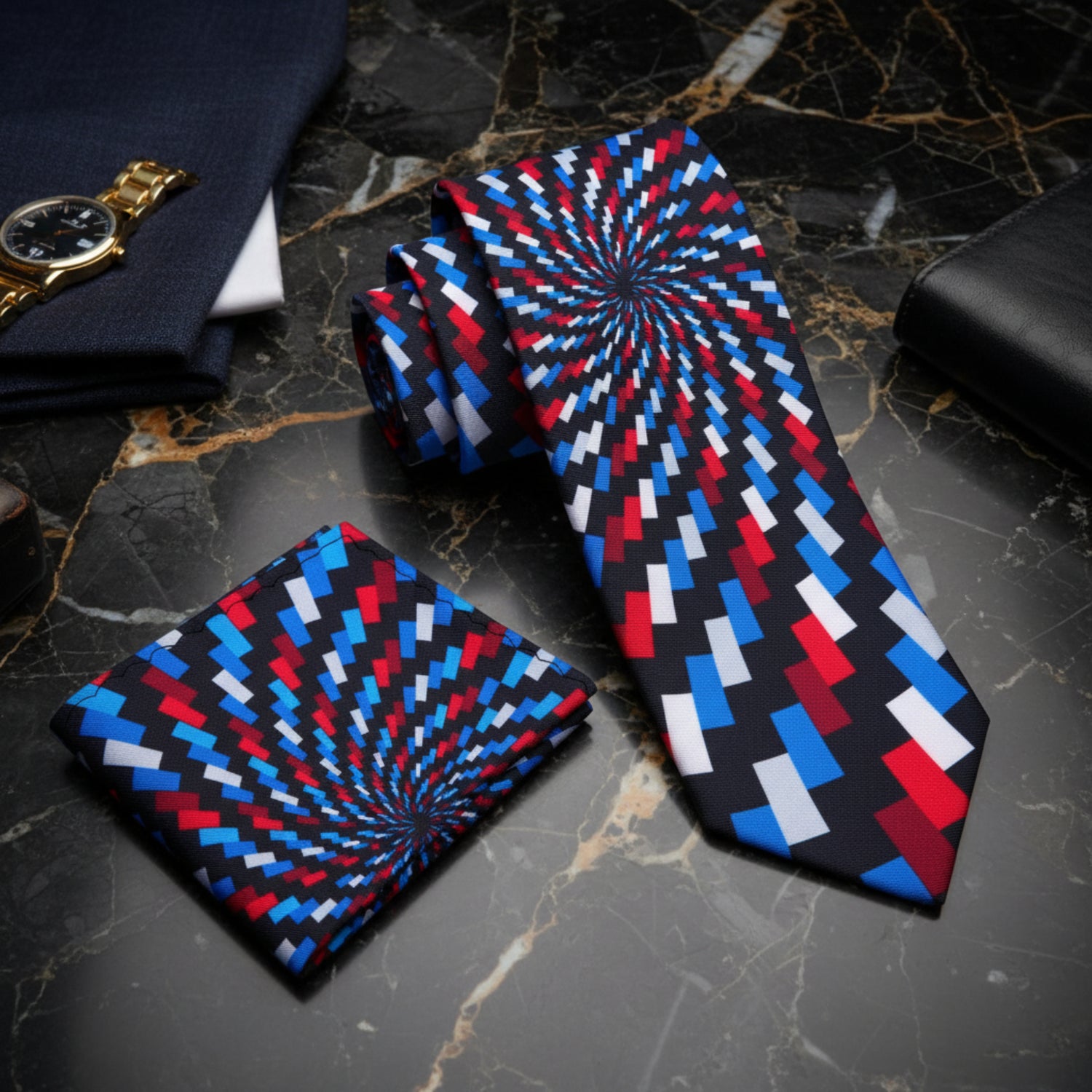 Black Geometric Spiral Necktie Collection with Pocket Square Option