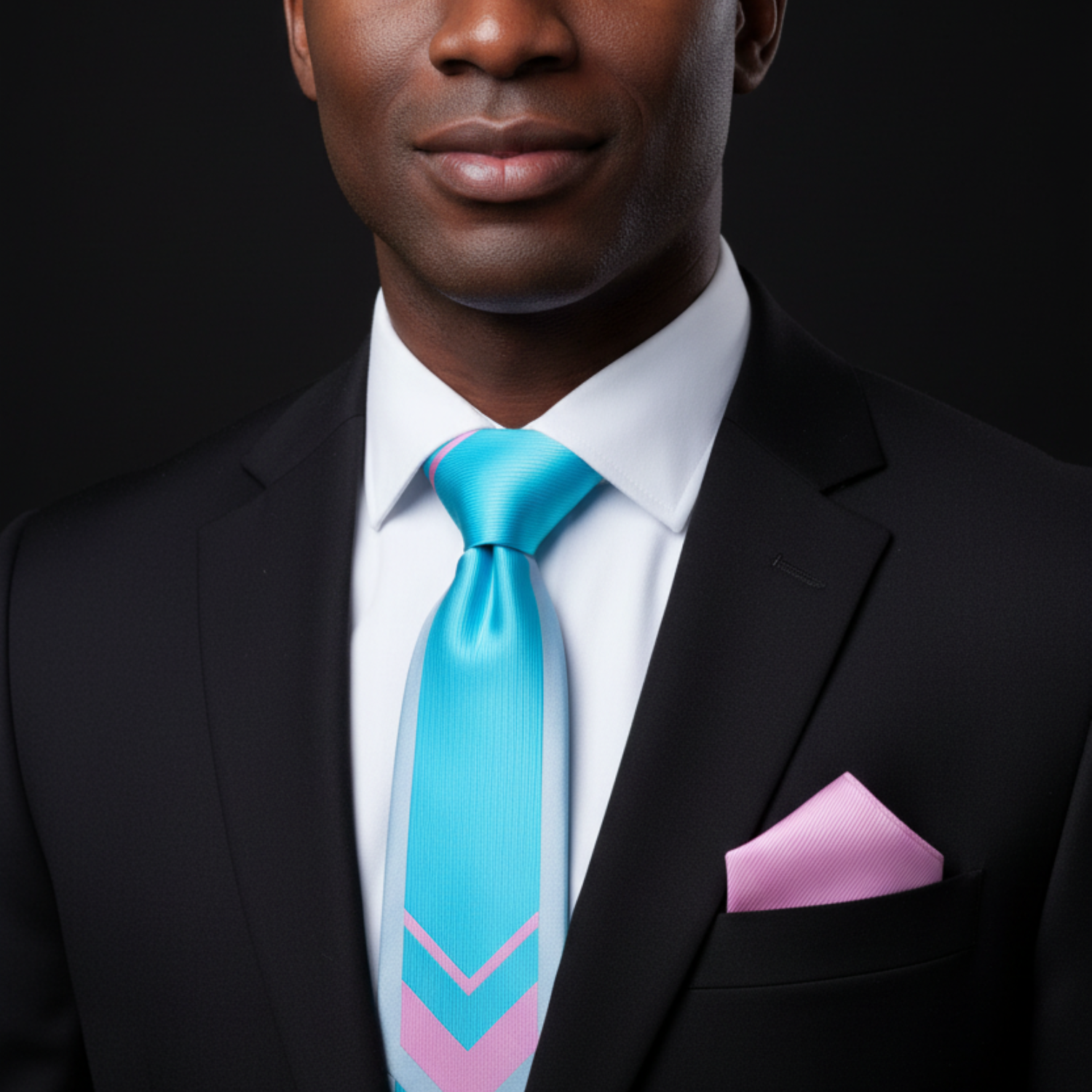 Man wearing a black suit with a blue tie and pink pocket square on a black background