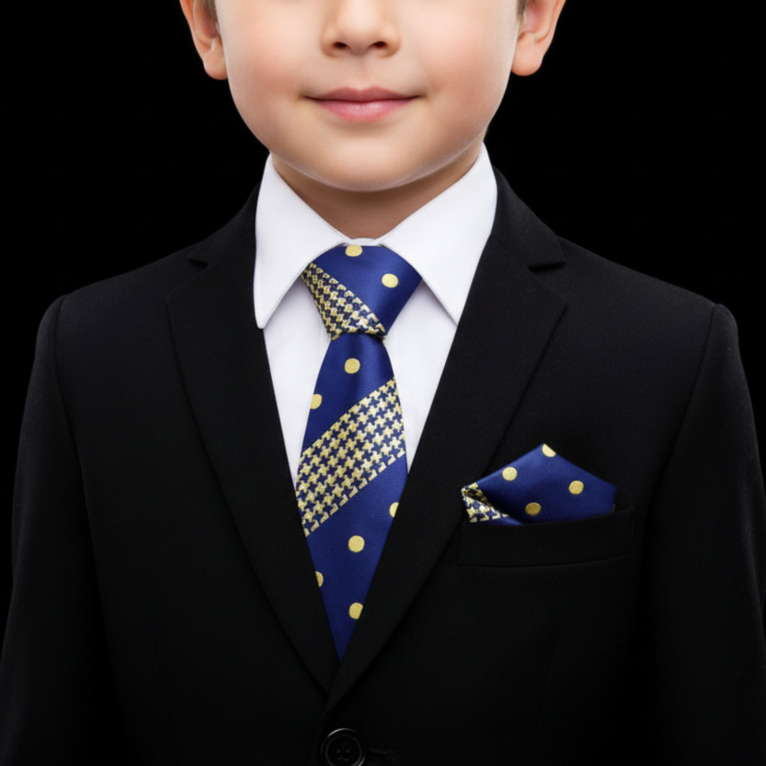 Young boy in a formal suit with a blue tie and pocket square on a black background