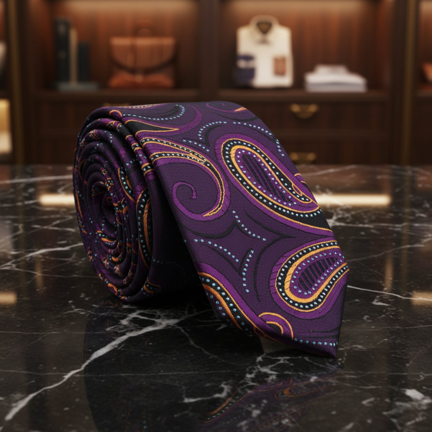 Boys’ Deep Purple Paisley Necktie with Gold and Turquoise Accents