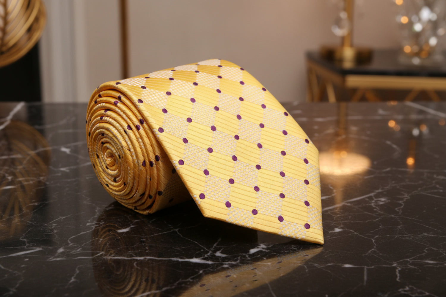 Yellow tie with purple dots rolled up on a black marble surface