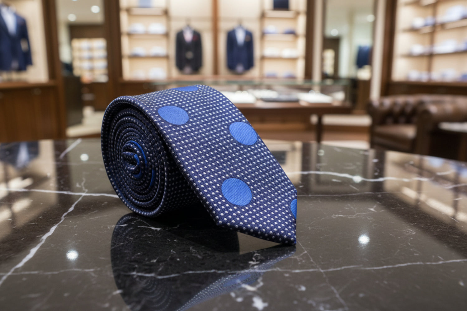 Blue polka dot tie on a marble surface with a blurred background of suits.