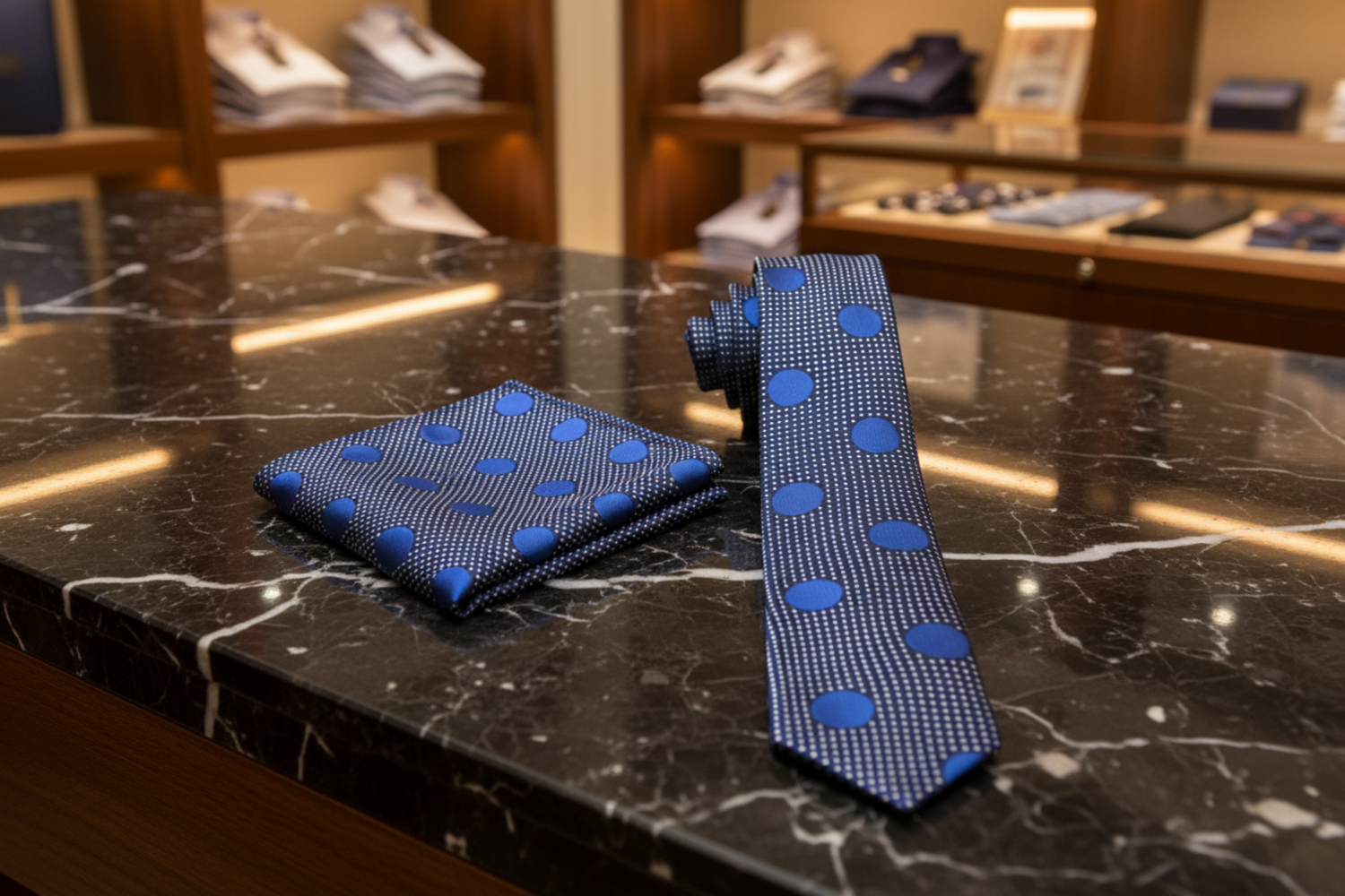 Navy tie with blue polka dots and matching pocket square 