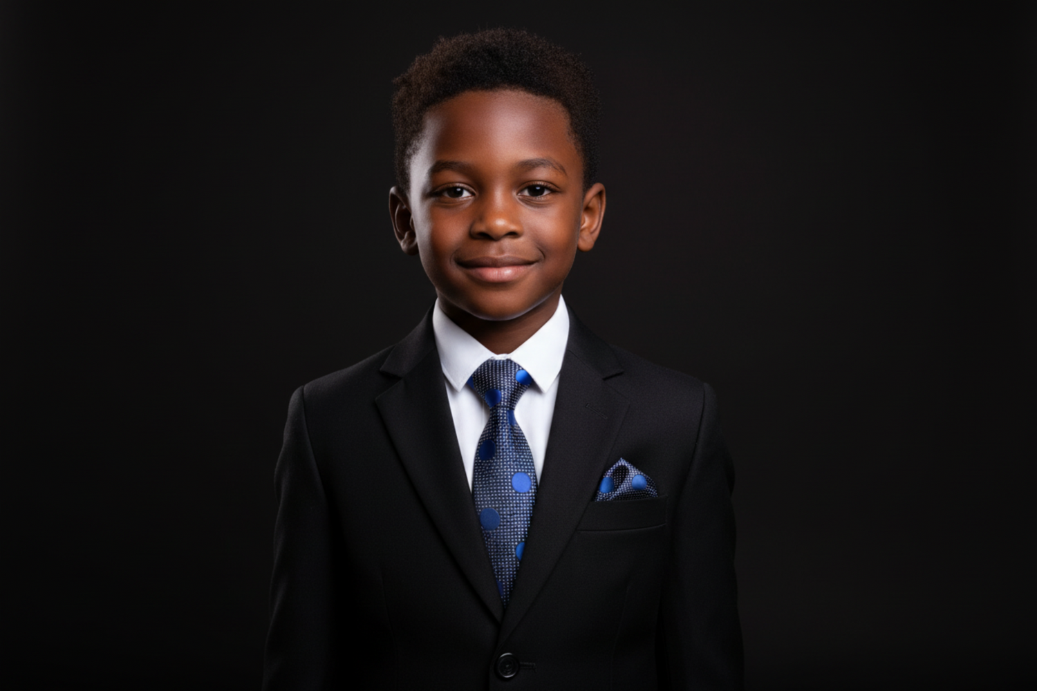 Young boy in a black suit with a blue tie and pocket square on a black background