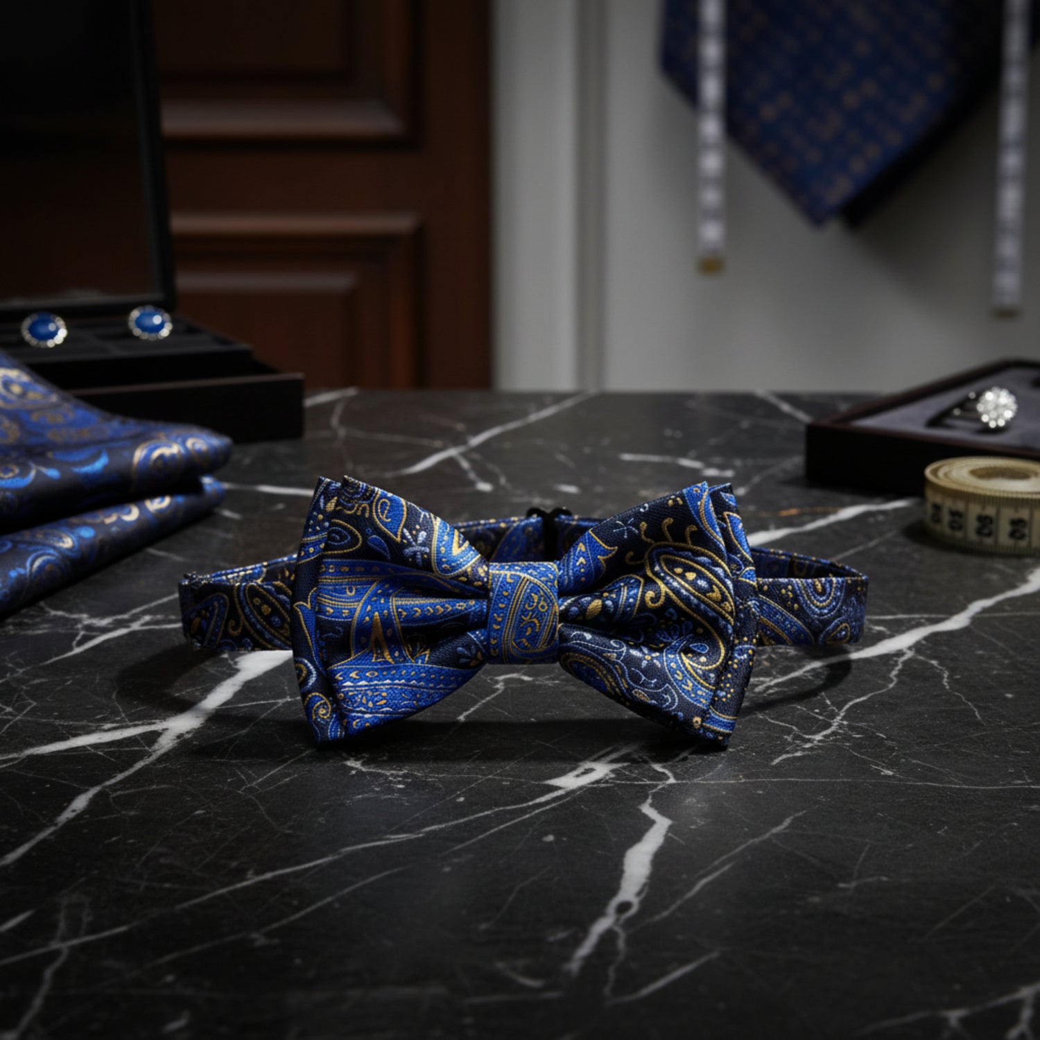 A pre-tied bow tie with a matching neck strap, featuring a detailed blue and gold paisley pattern on a white background.