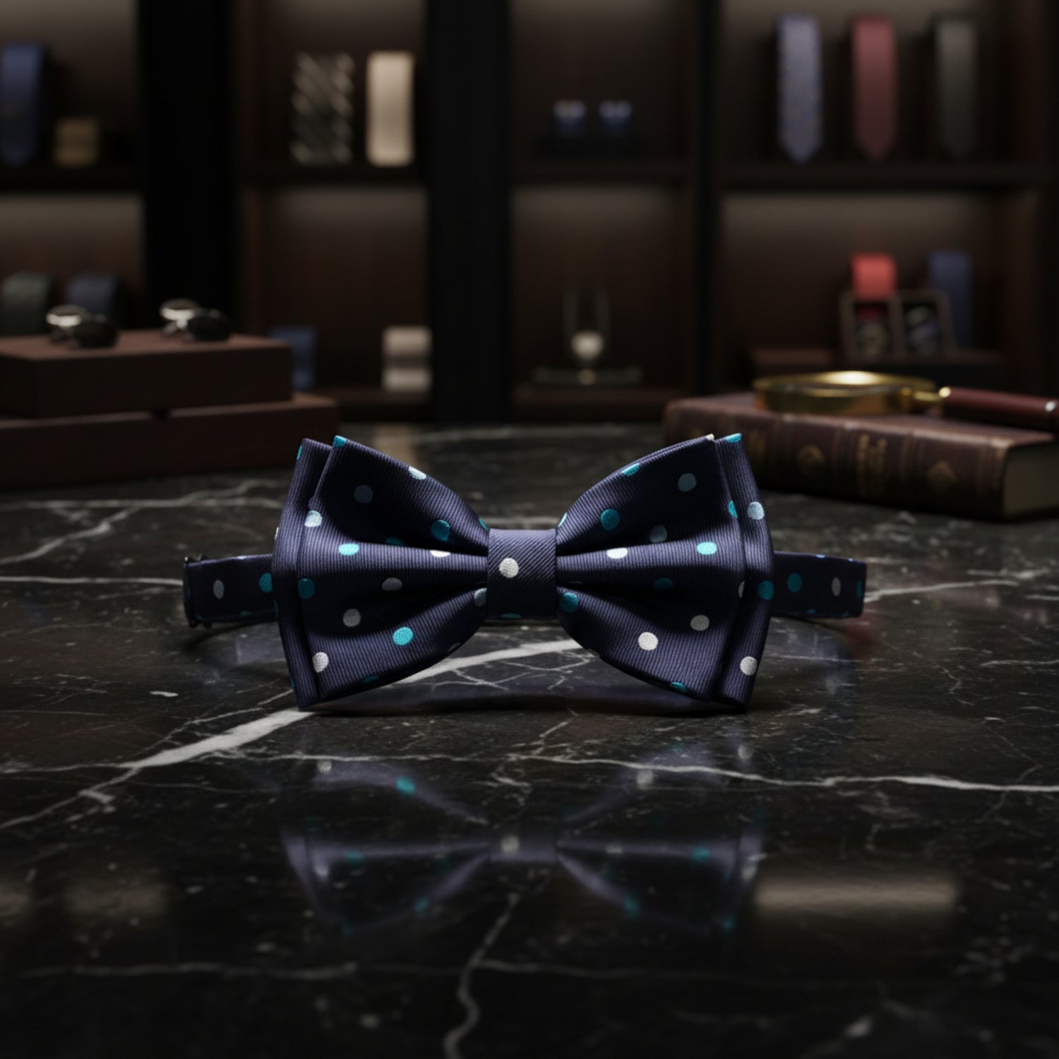 blue with white and light blue dots bow tie a 