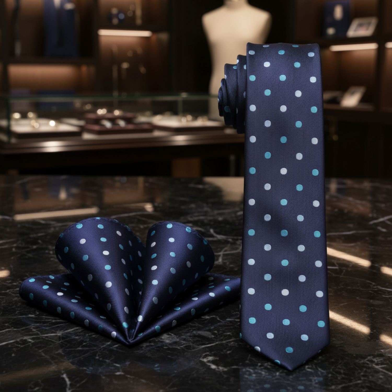 blue white light blue polka kids tie and square