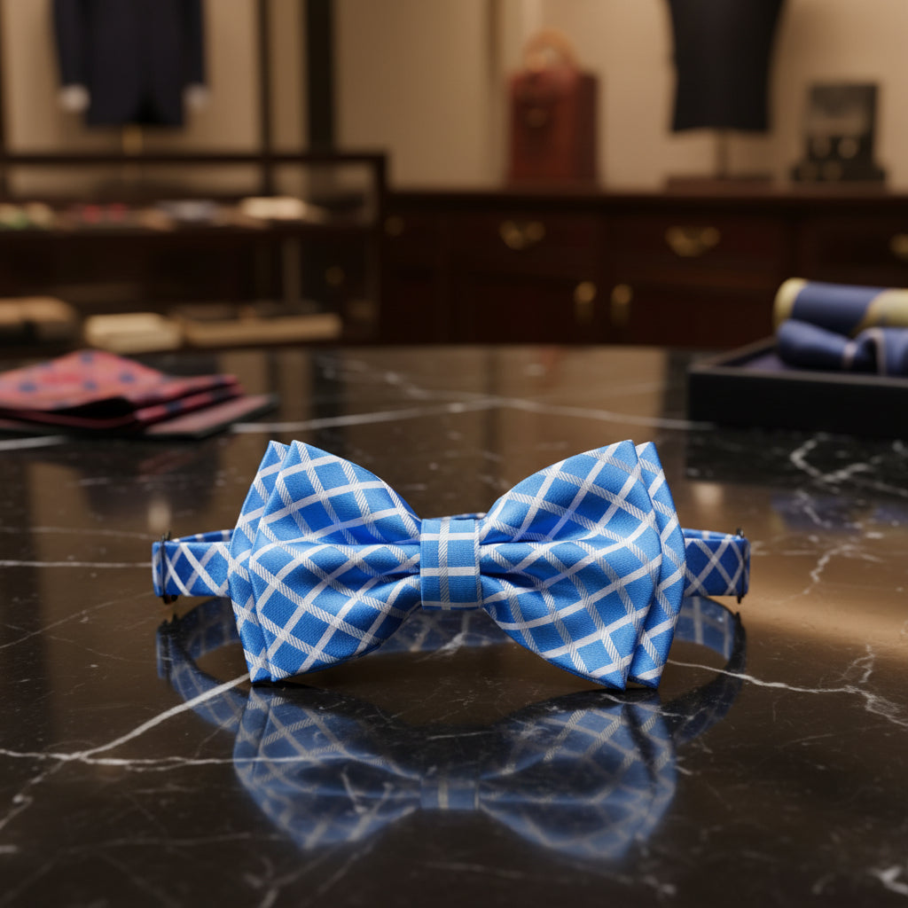 A blue and white checkered bow tie with a matching neck strap, displayed against a solid white background.