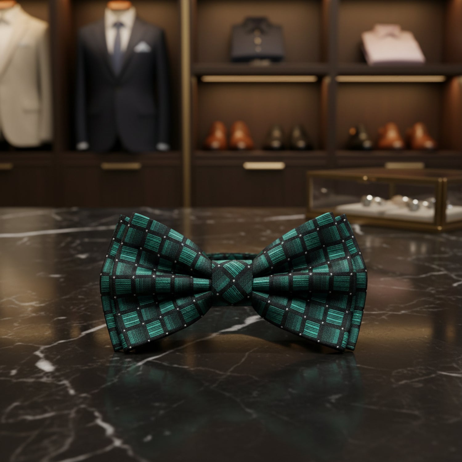 A pre-tied bow tie with a green and black geometric checkered pattern, displayed on black marble table