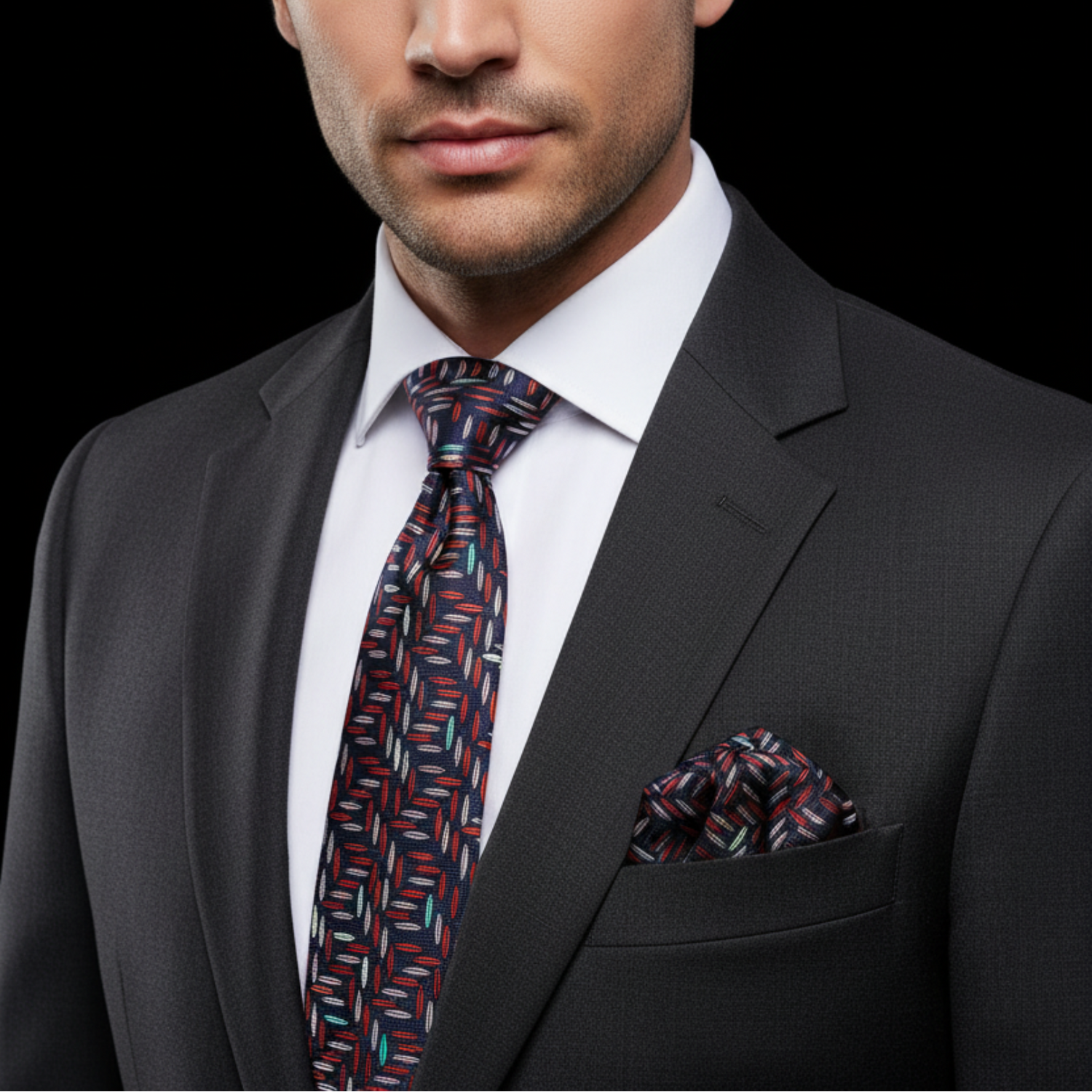 Man wearing a dark suit with a patterned tie and pocket square on a black background