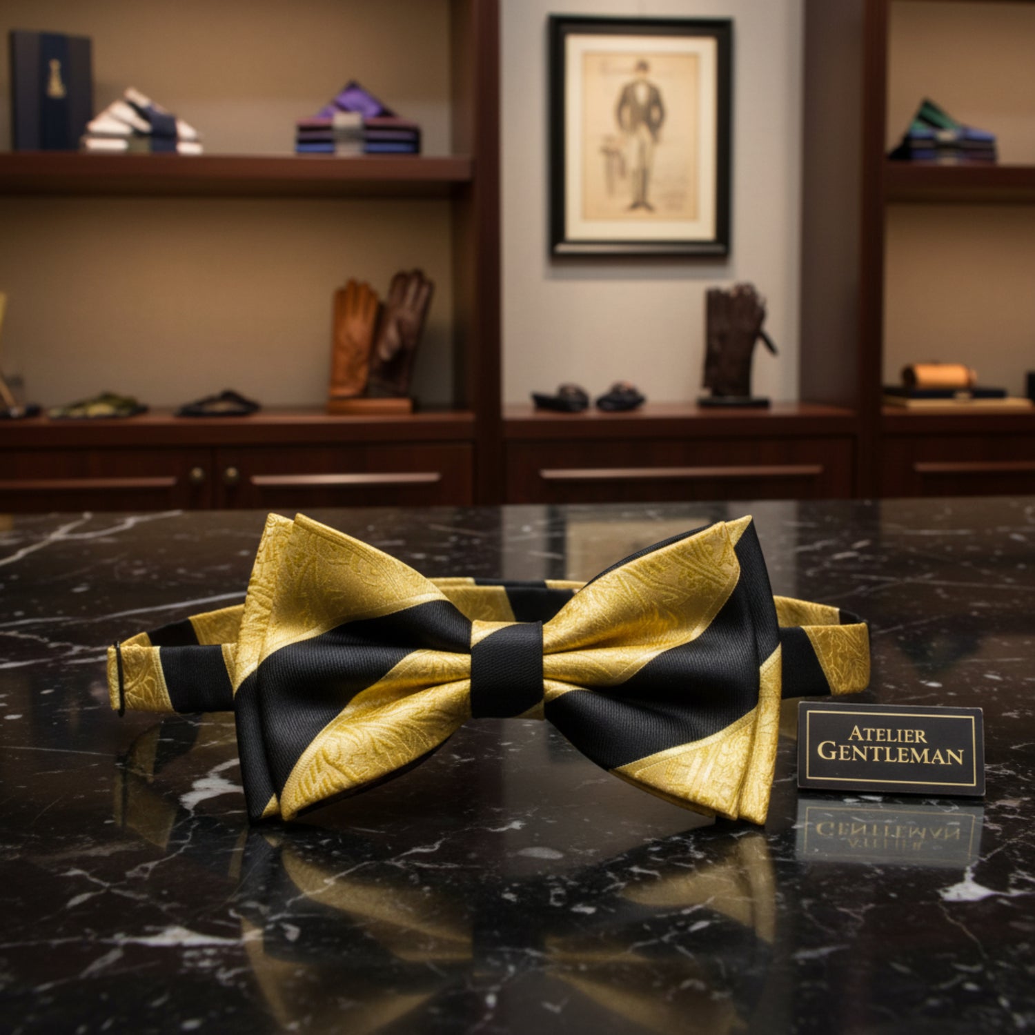 A men's pre-tied bow tie with a matching adjustable neck strap, featuring a textured gold and black diagonal striped pattern.