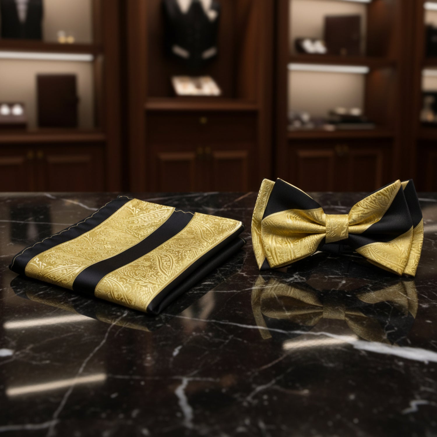A matching men's formal accessory set featuring a gold paisley patterned pocket square and a matching pre-tied bow tie, both with black satin stripes, displayed on a clean white background.