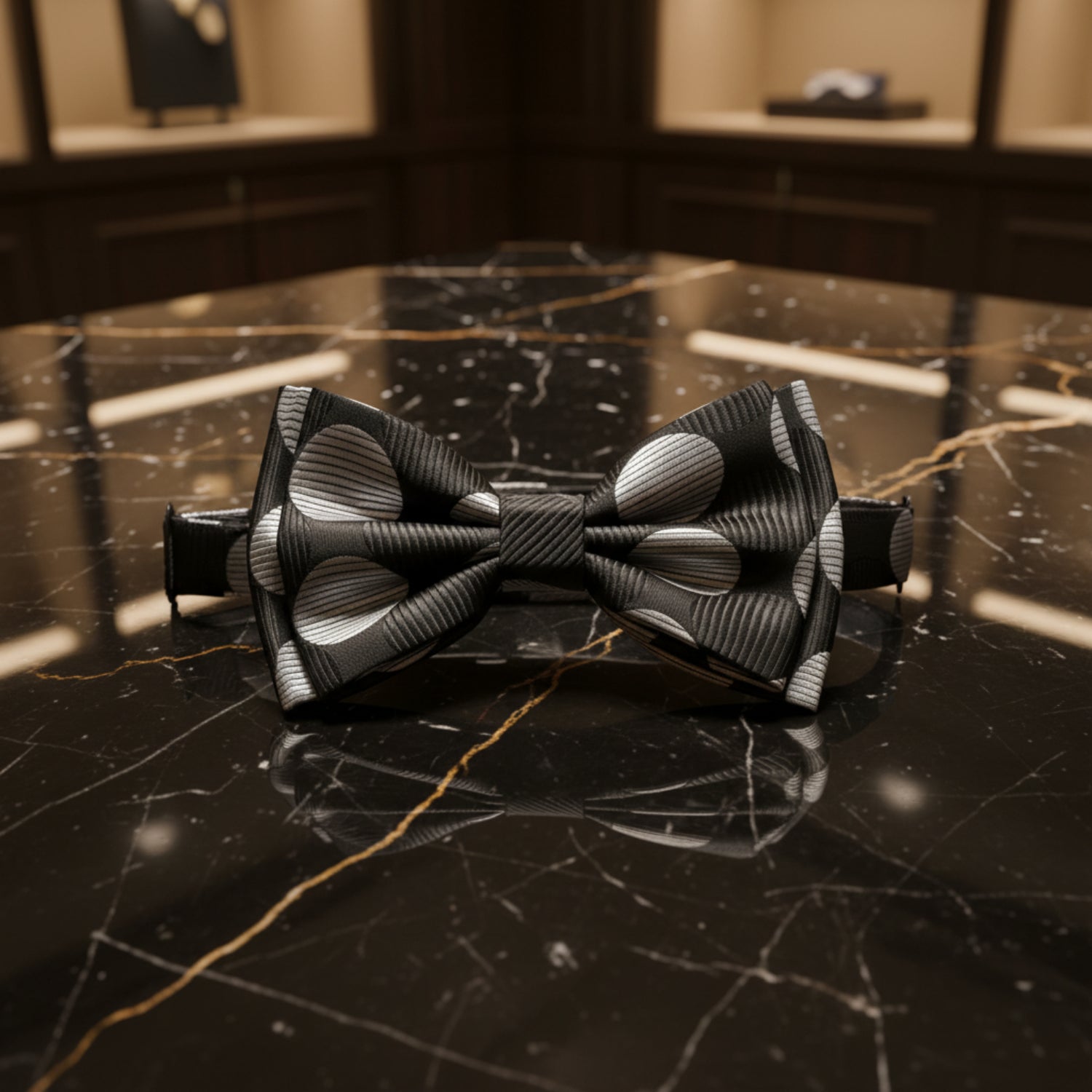 Black and white striped bow tie on a marble surface