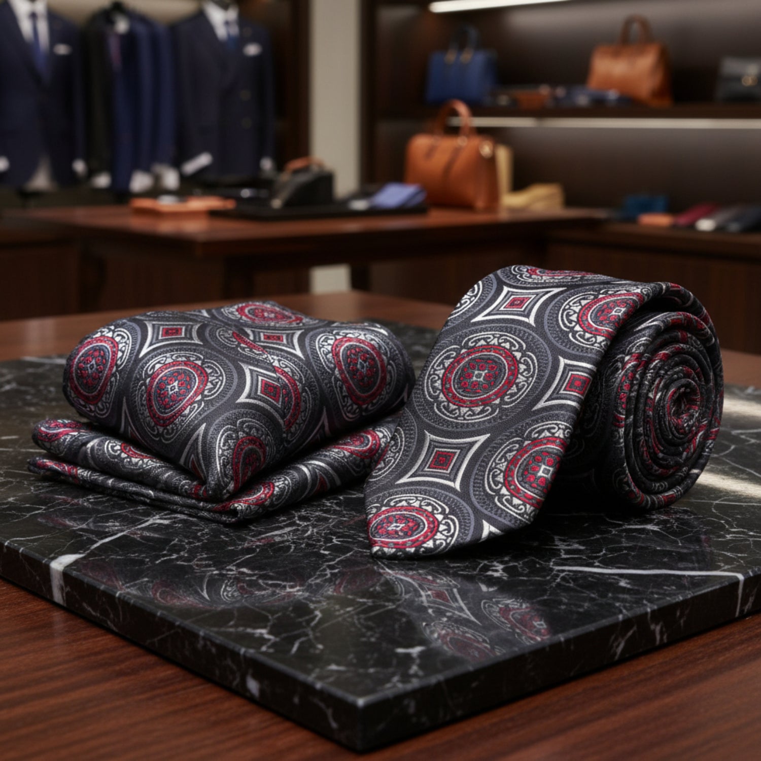 Boys Black Red Medallion Tie for Weddings & Formal Outfits