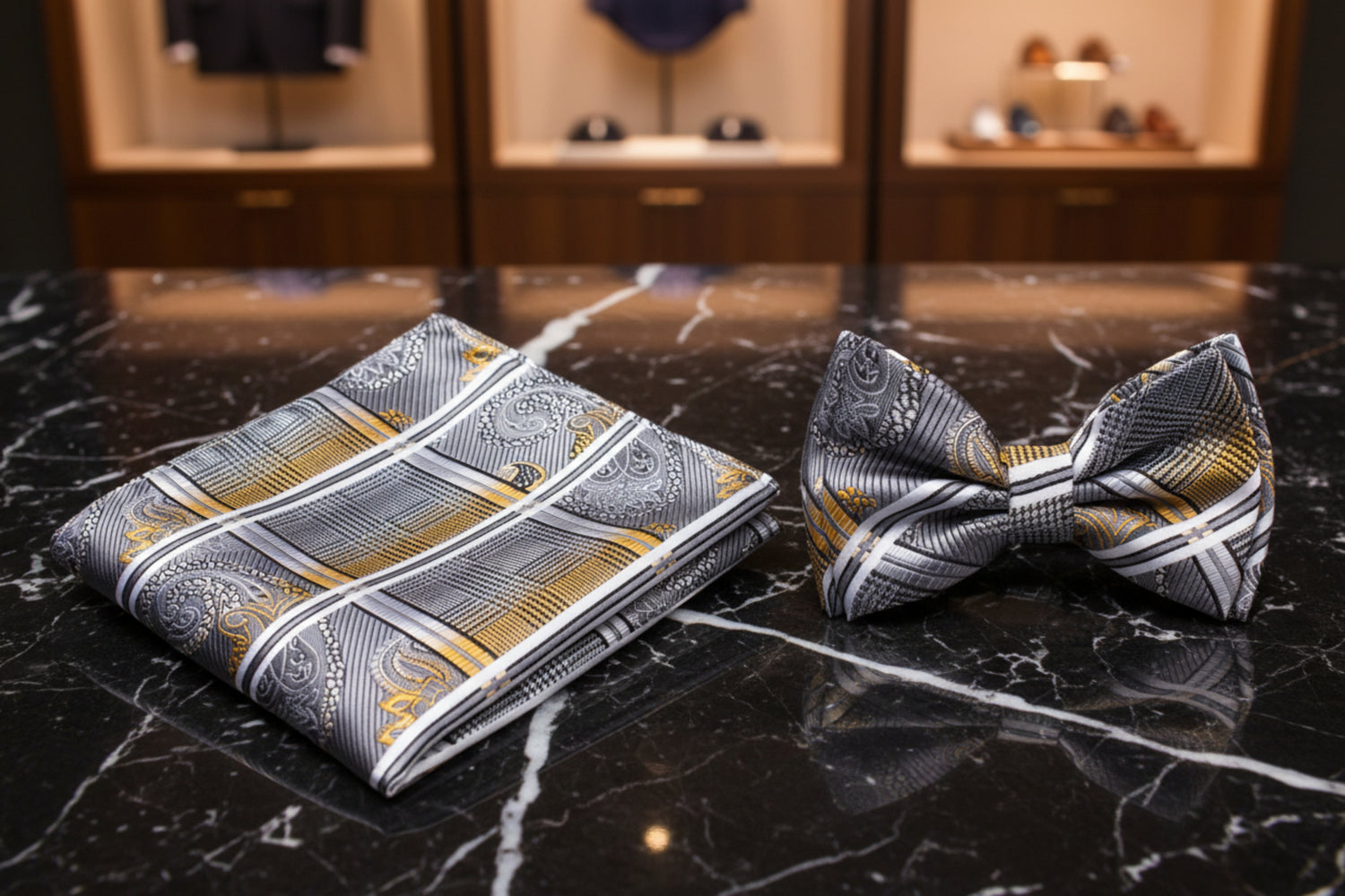 Gray and gold patterned bow tie and pocket square set on a marble background