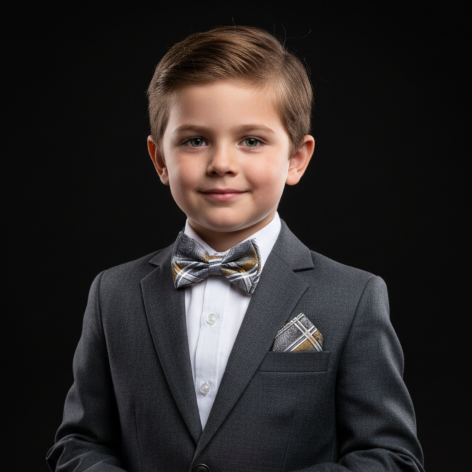 Young boy in a suit with a bow tie on a black background