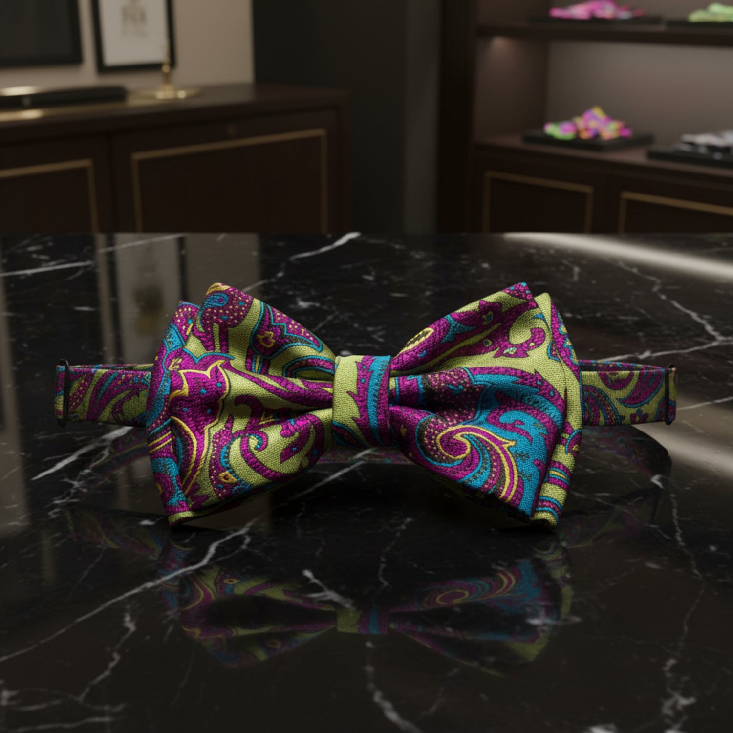 A men's self-tie bow tie with a matching neck strap, featuring a vibrant paisley pattern in purple, teal, olive green, and gold on a white background.