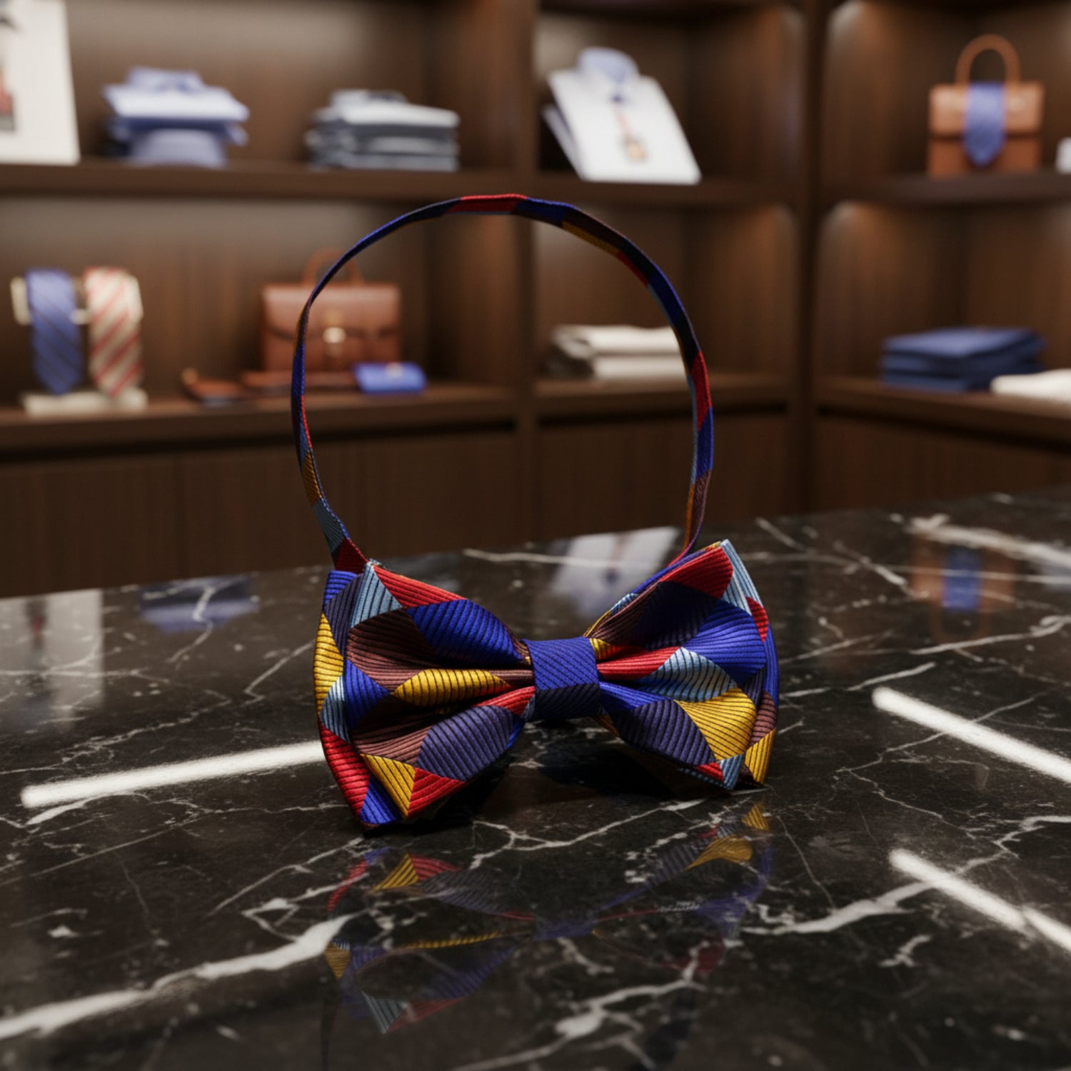 Colorful bow tie with geometric pattern on a white background
