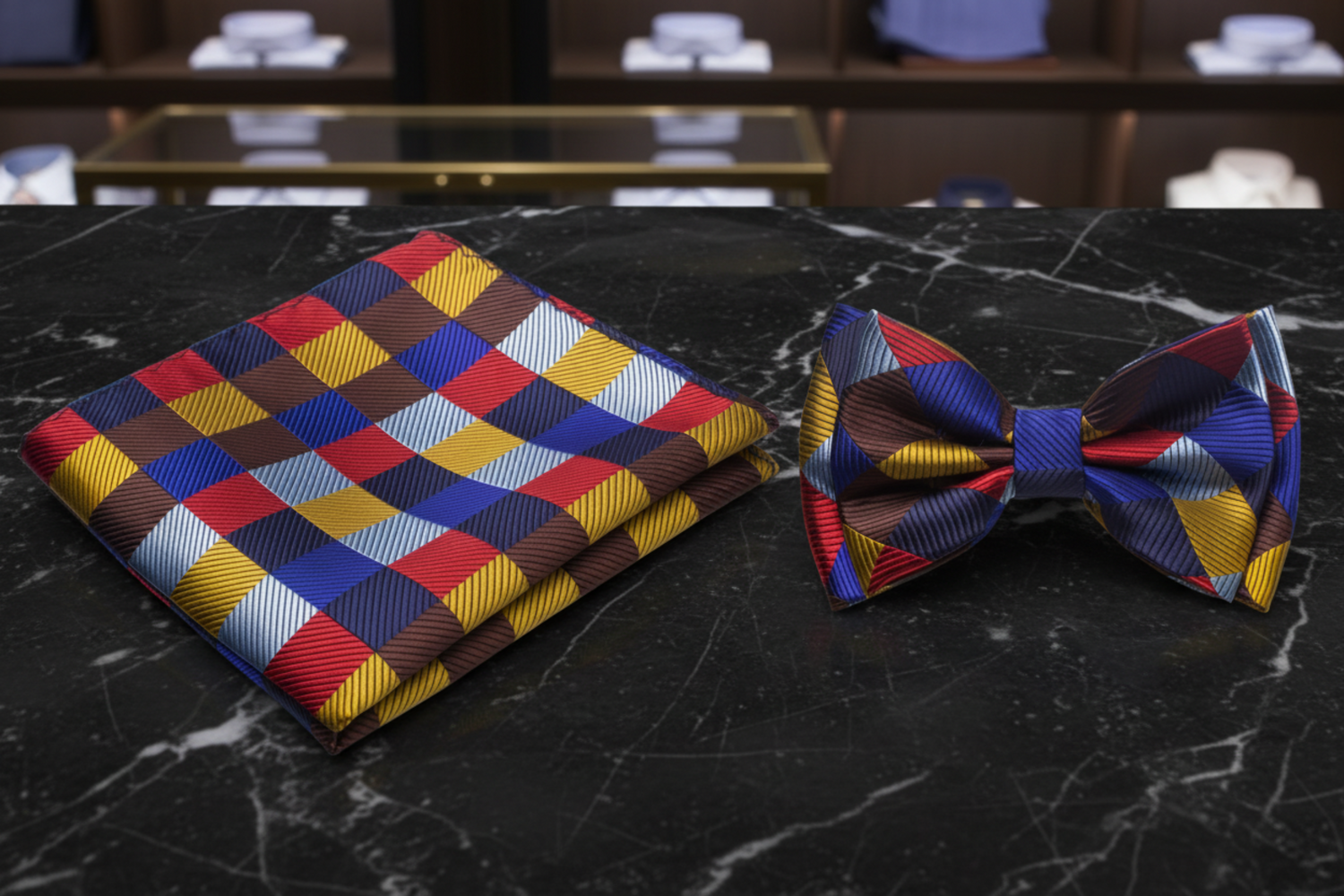 Colorful checkered pocket square and bow tie set on a white background