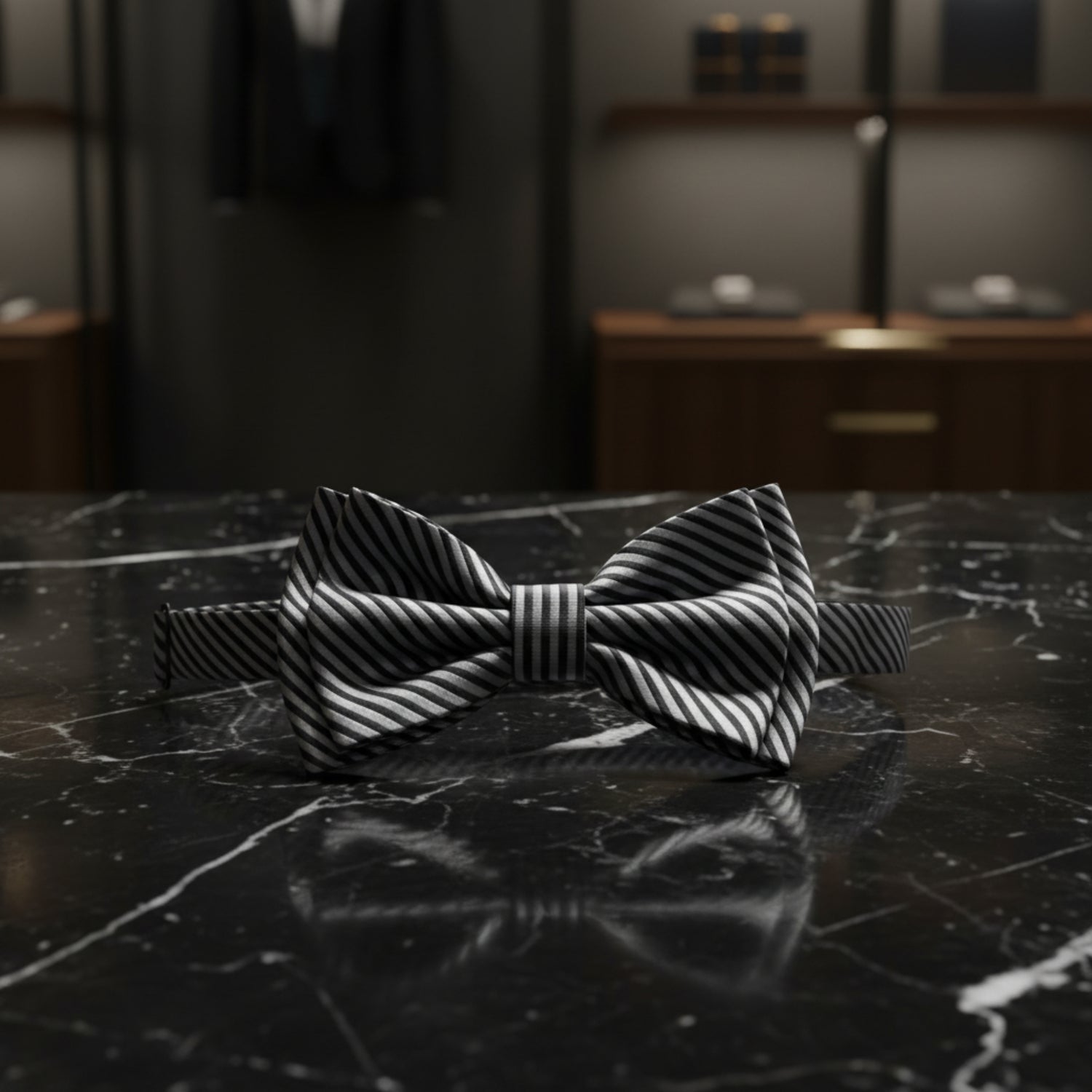 silver and black pinstripe pre tied bow tie