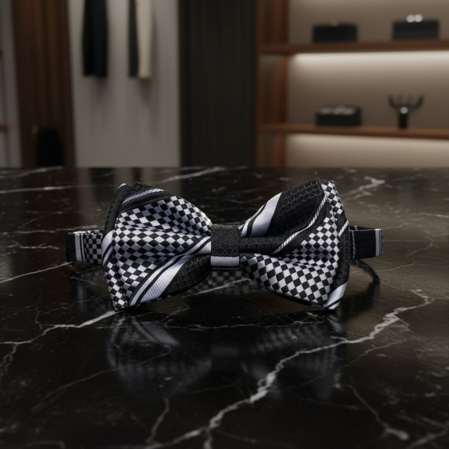 black and silver check stripe bow tie on black marble
