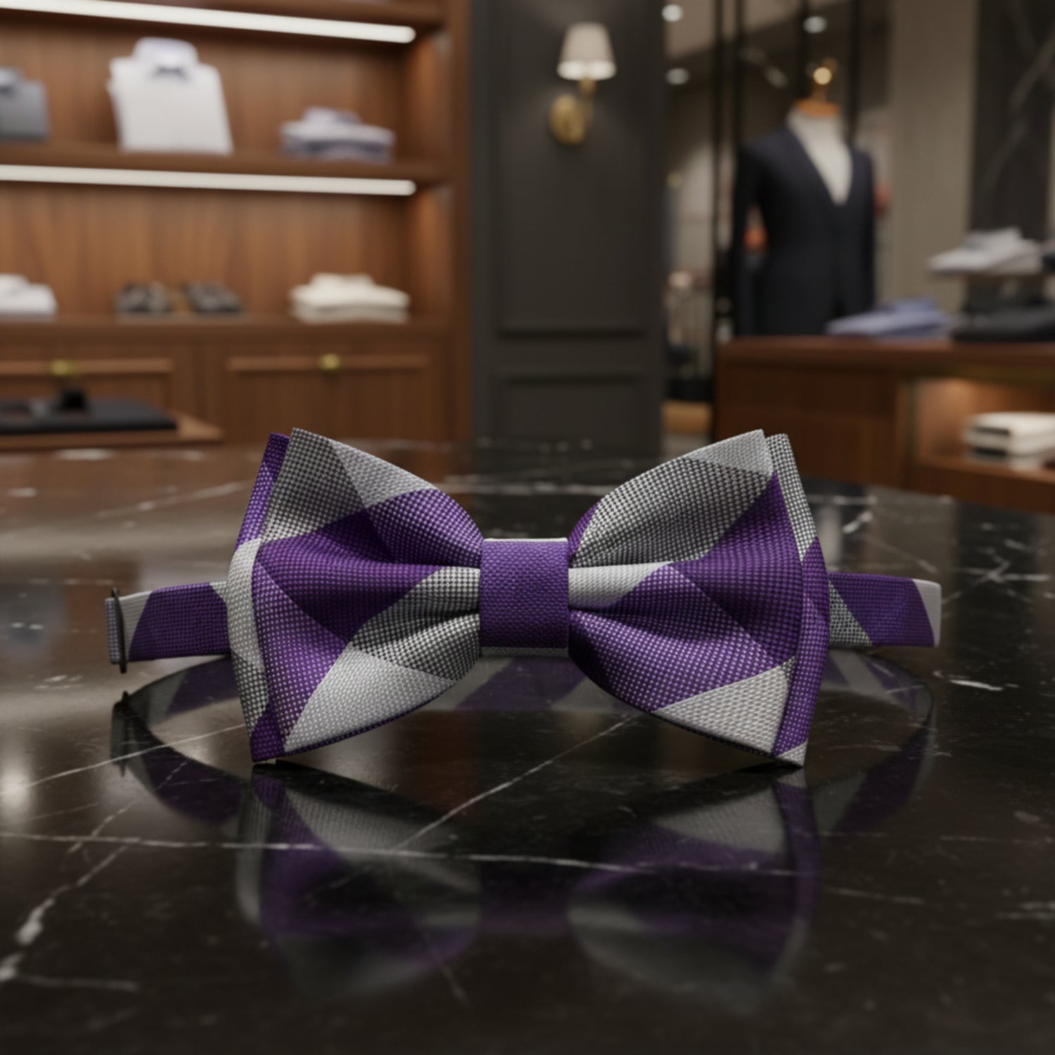 A pre-tied bow tie with a geometric pattern of purple, white, and gray triangles, displayed on a clean white background.