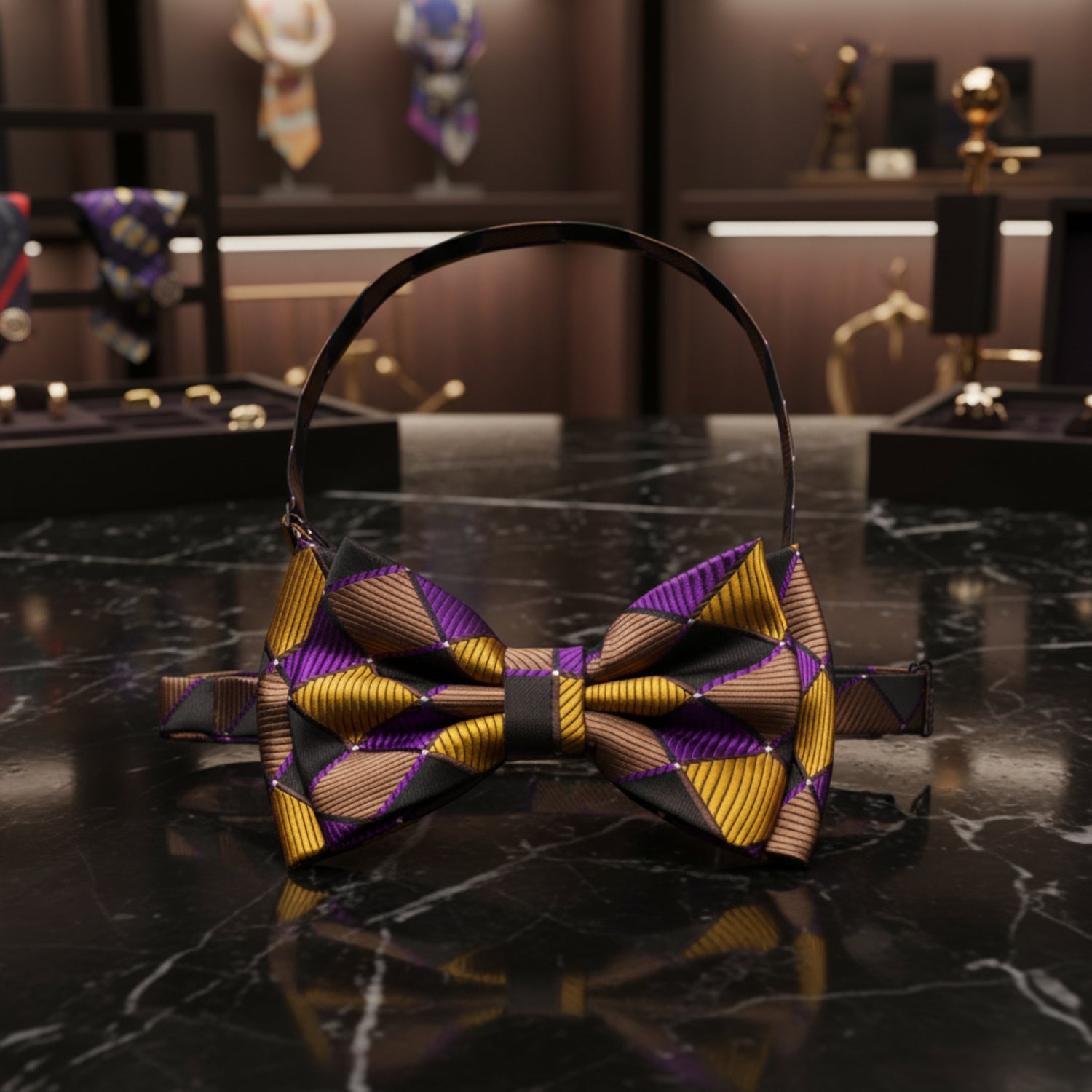 A pre-tied bow tie with a matching neck strap, featuring a bold geometric pattern in purple, gold, and brown on a white background.
