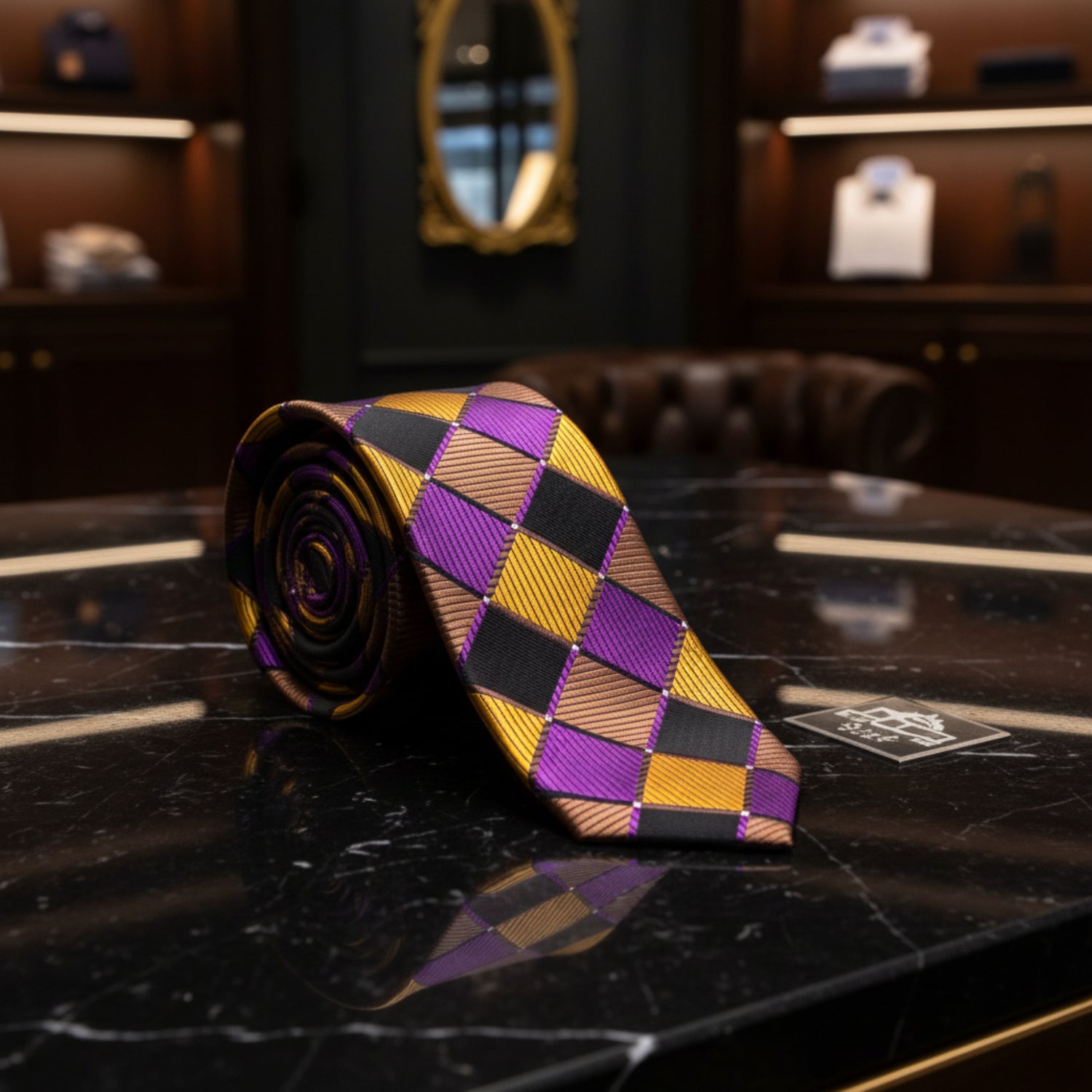 A rolled necktie featuring a checkered pattern of purple, black, and gold diamonds with diagonal striped details, set against a plain white background.
