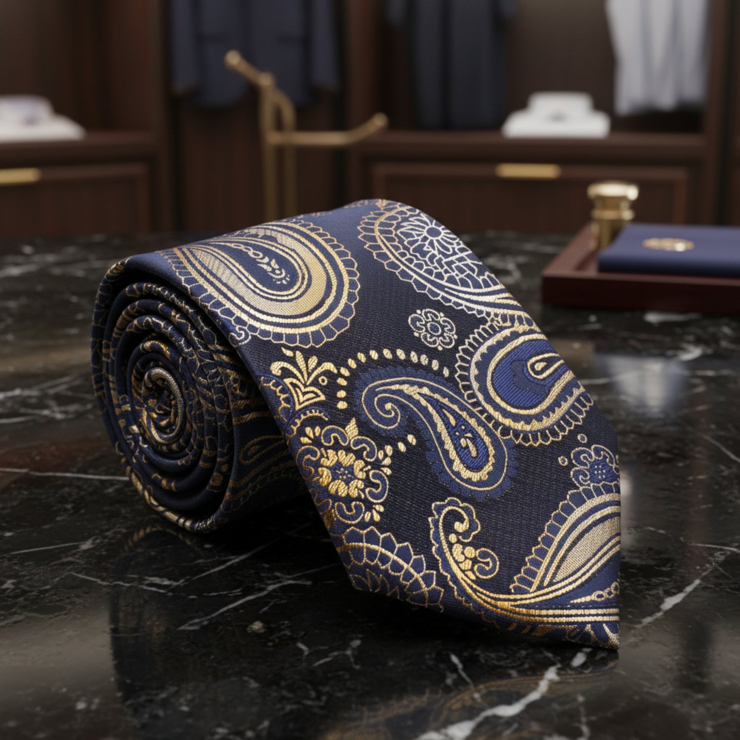 Blue gold paisley tie