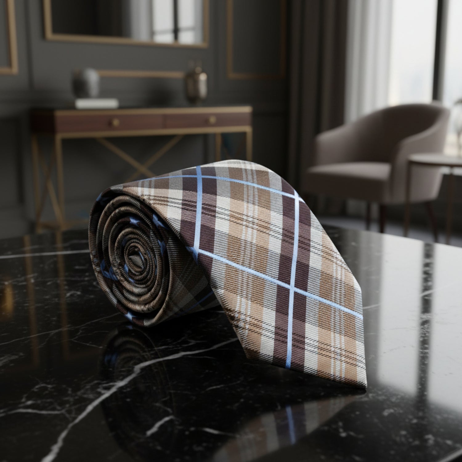 A Light Brown, Black, Light Blue Plaid Pattern Necktie 