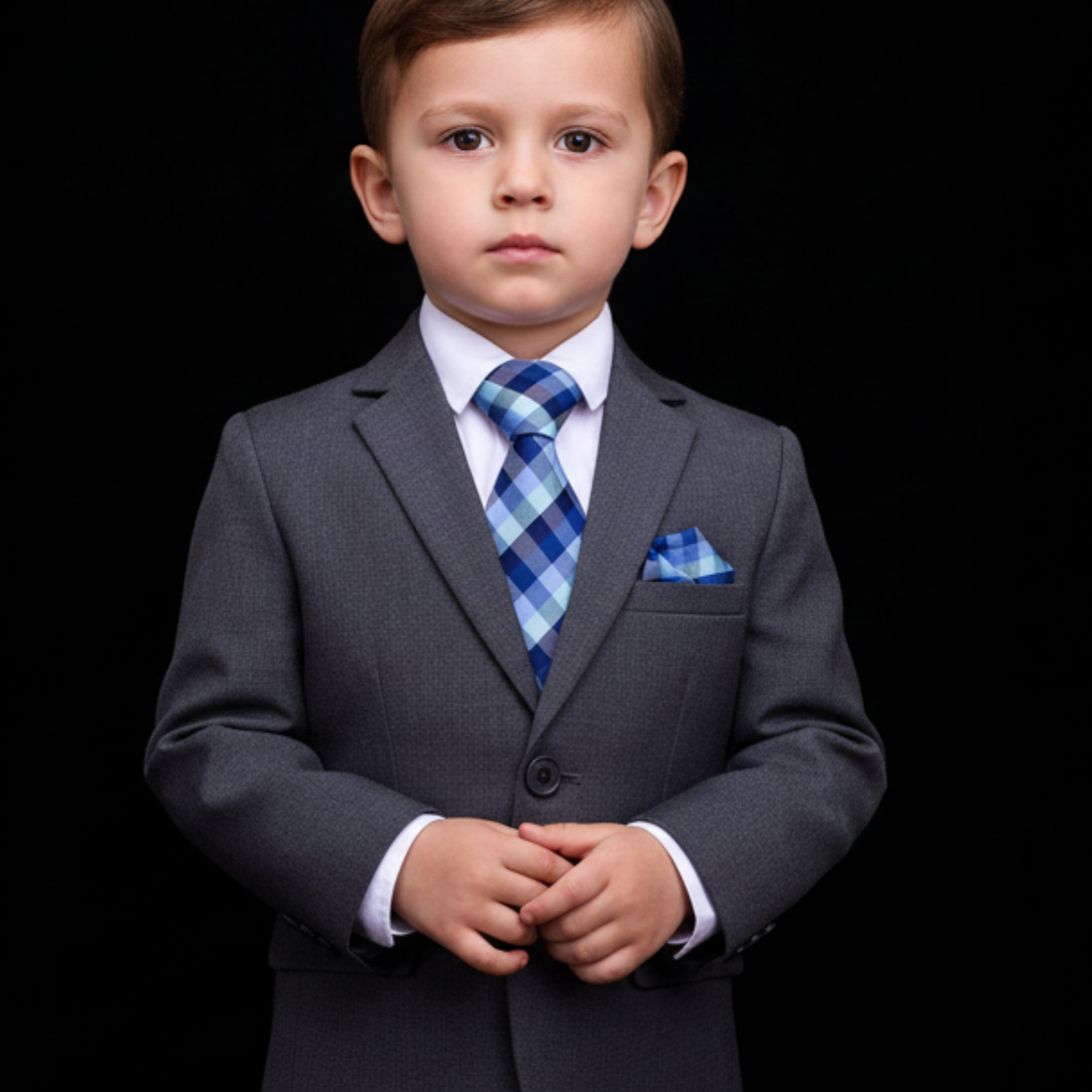 Young boy in a gray suit with a blue tie and pocket square on a black background