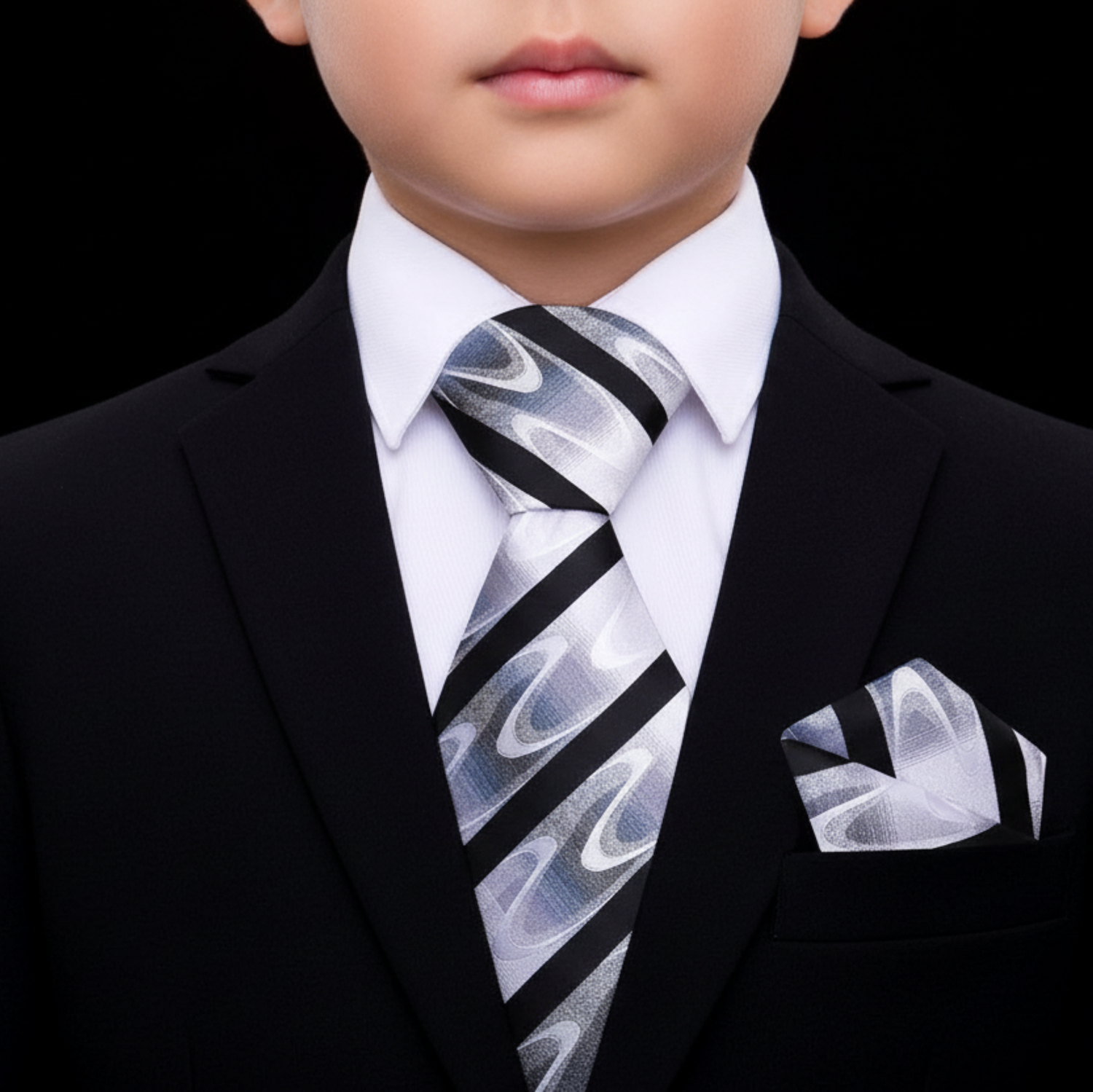 Child wearing a black suit with a white shirt and patterned tie on a black background