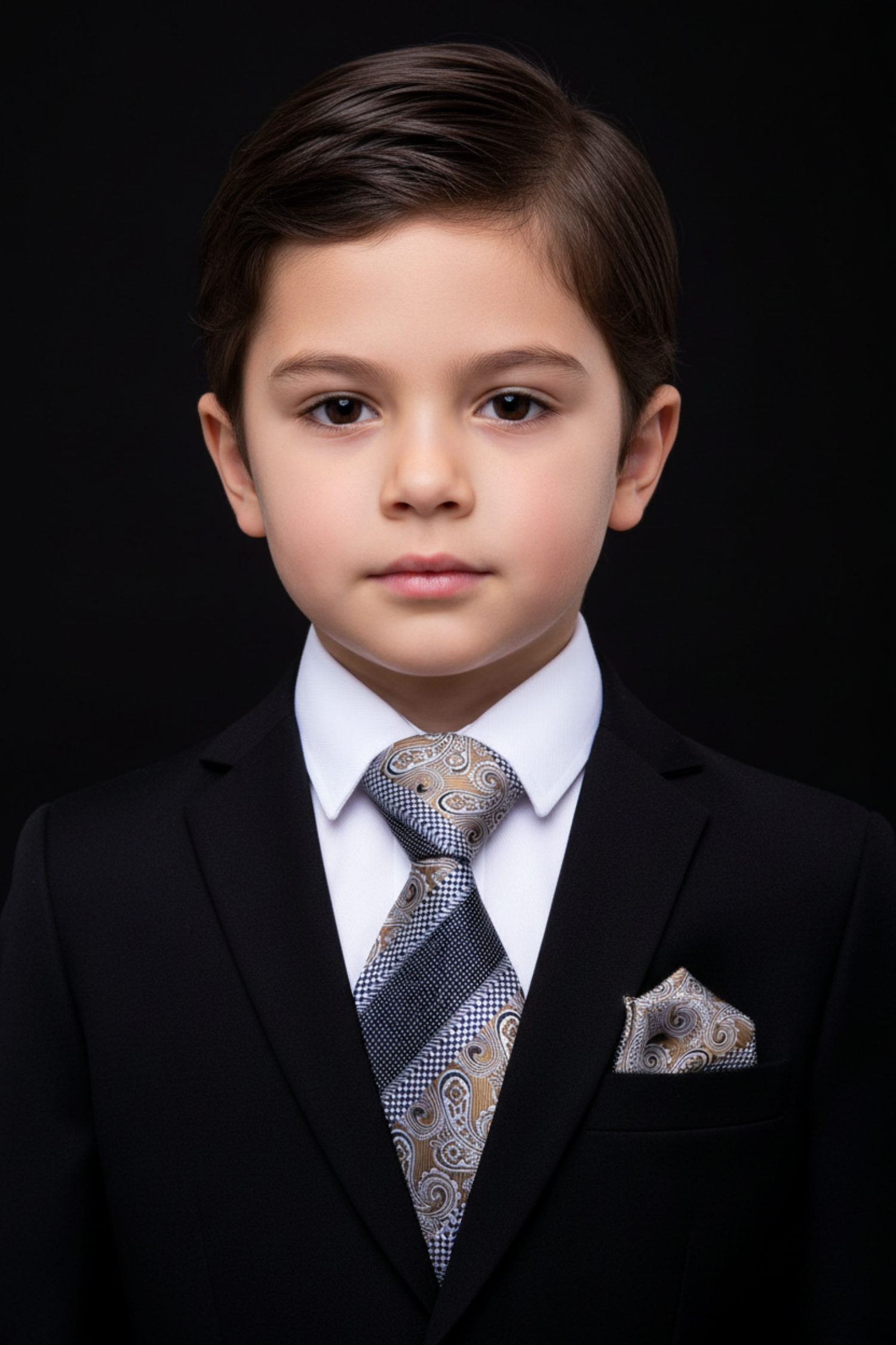 Young boy in a formal suit with a patterned tie against a black background