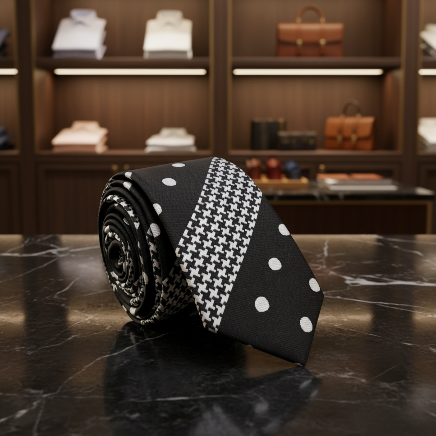 Black tie with white polka dots and houndstooth pattern on a white background