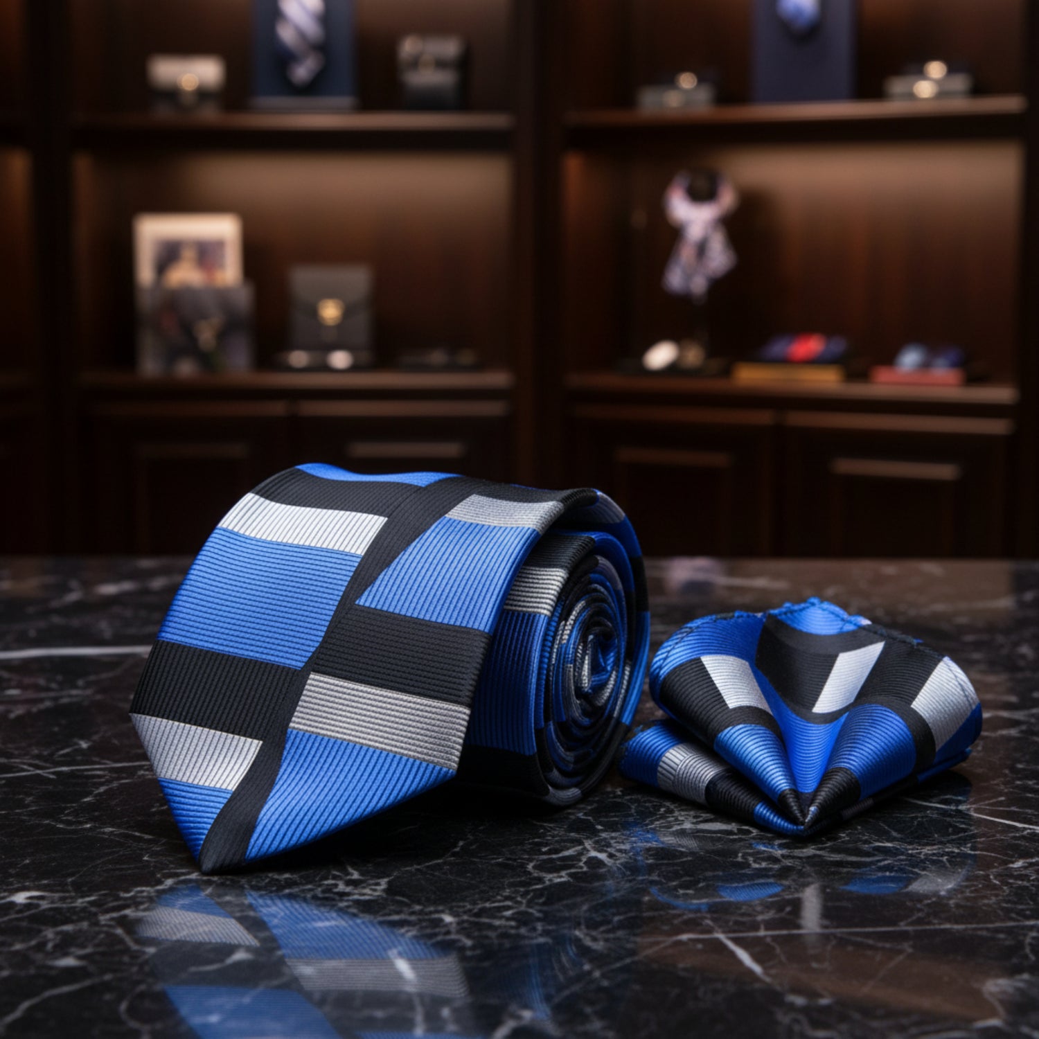 Black suit with a blue, black, and gray striped tie and matching pocket square on a white background