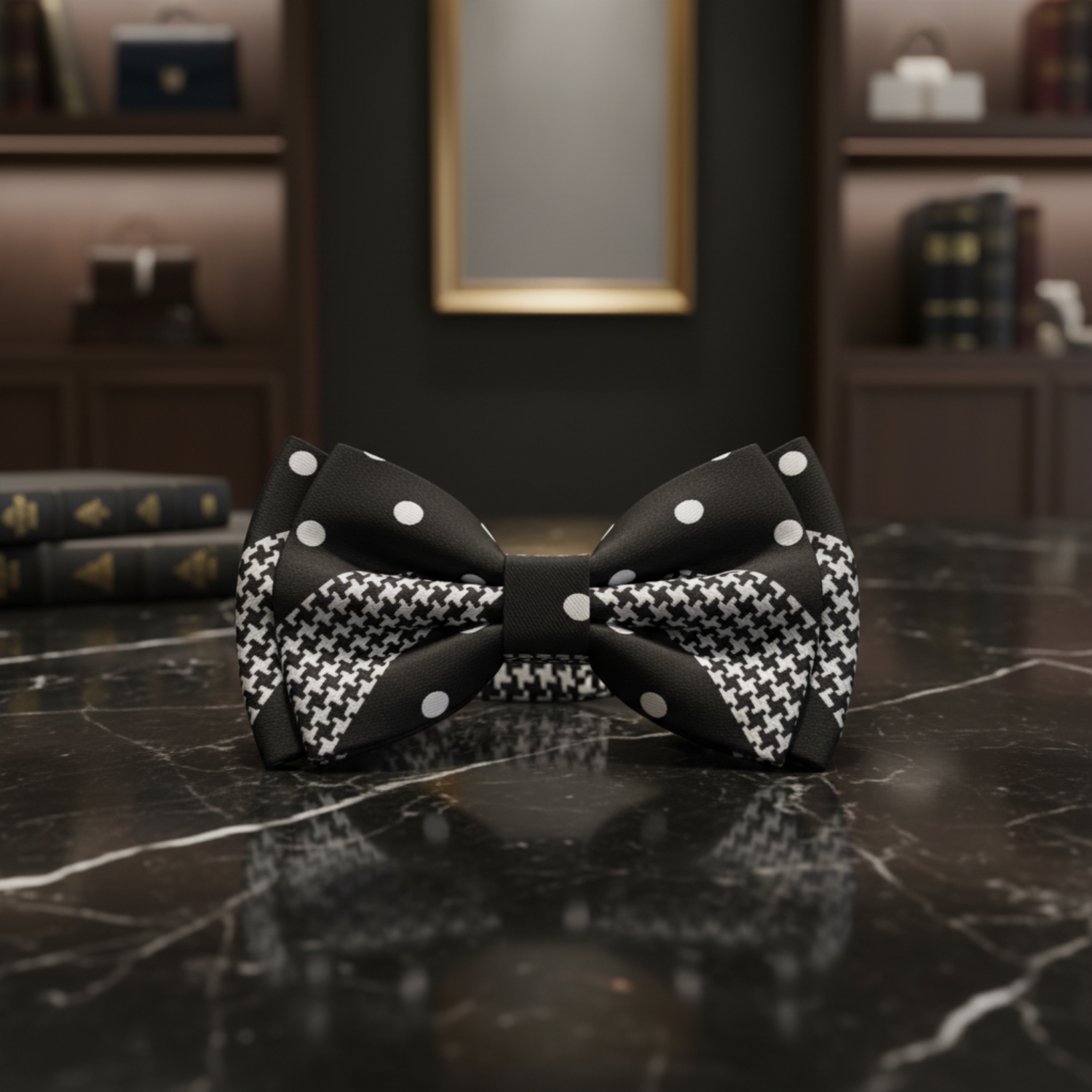 Black bow tie with white polka dots and houndstooth pattern 