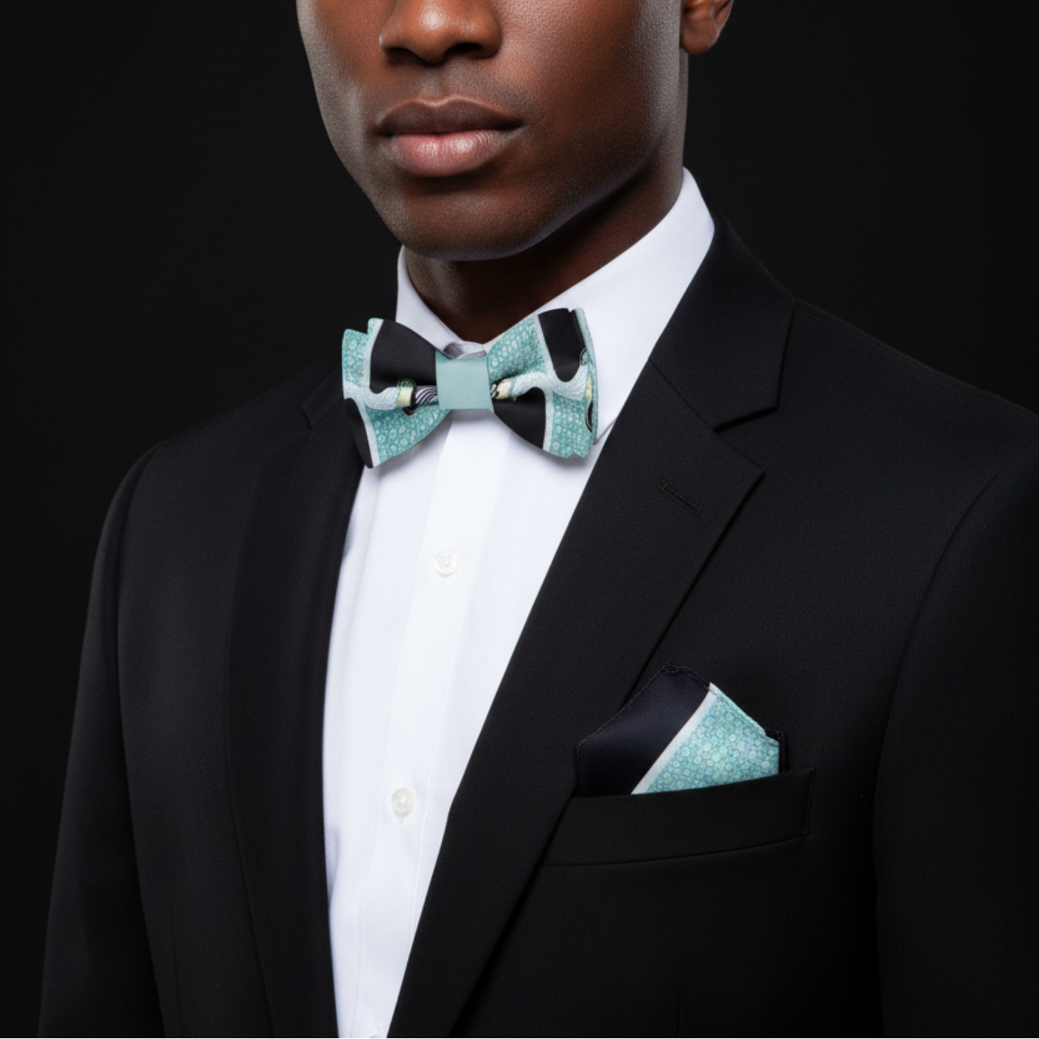 Man wearing a black suit with a white shirt and turquoise bow tie and pocket square on a black background