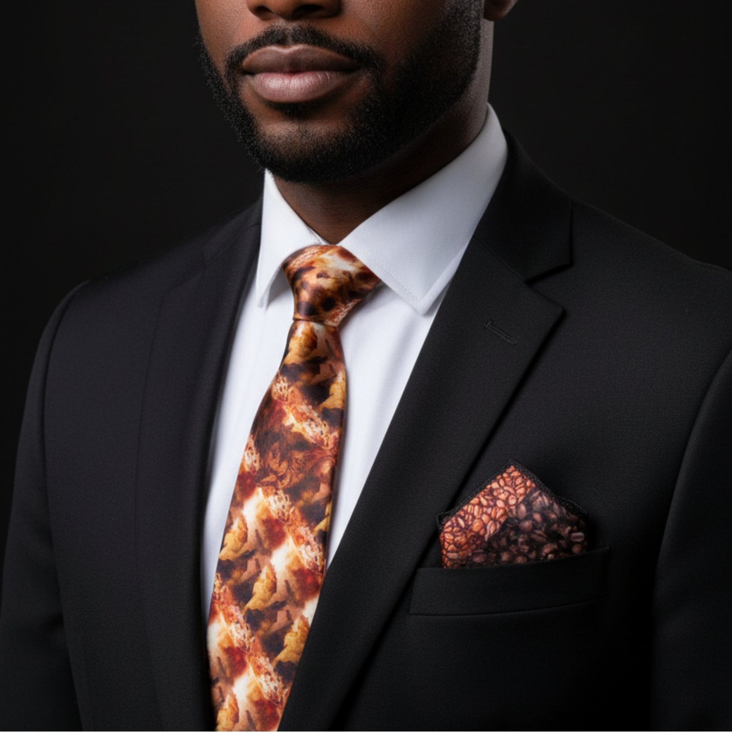 Man wearing a black suit with a coffee-themed tie and pocket square on a dark background
