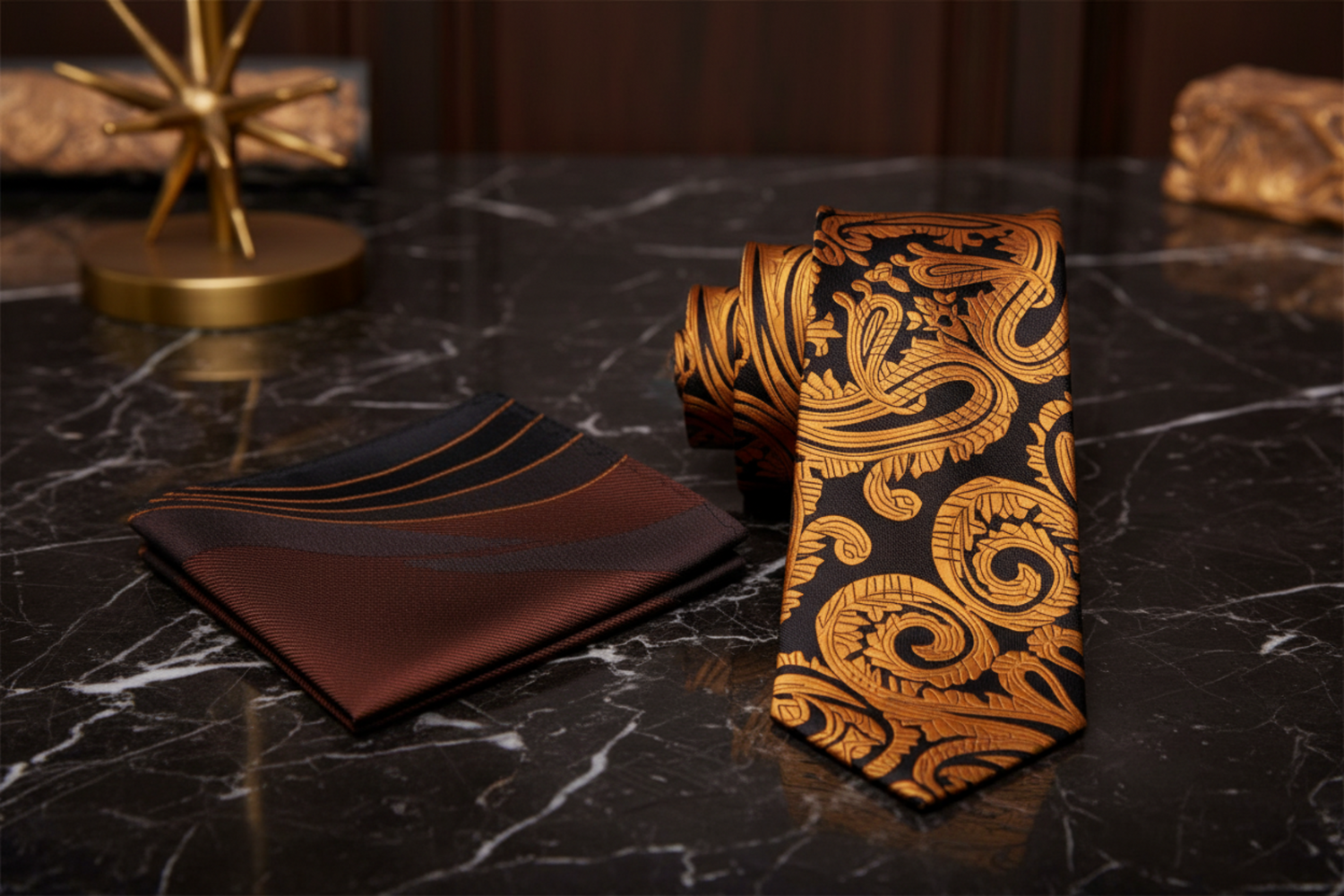 Brown and Gold Paisley Necktie and Accenting Square