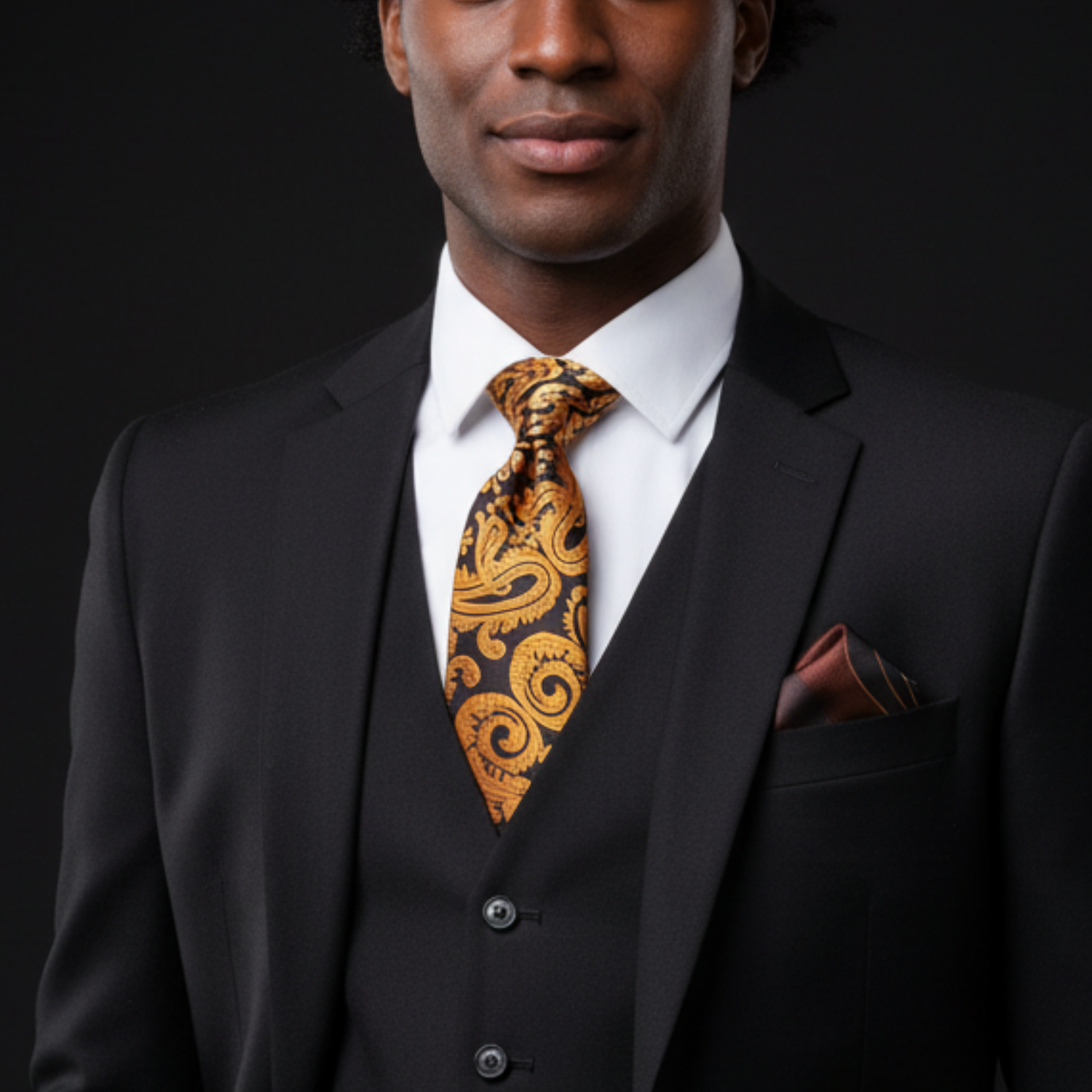 Man wearing nice black suit with brown and gold big paisley tie and square