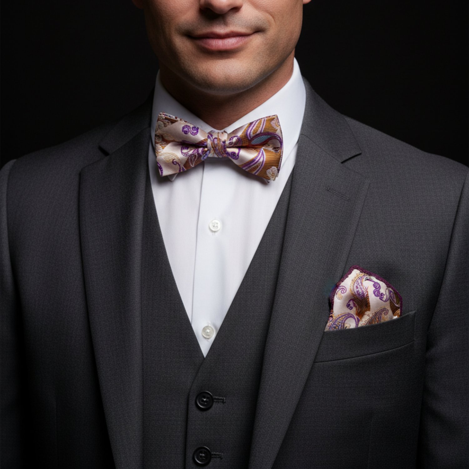 Paisley Stripe Self-Tie Bow Tie in Navy, Cream or Gray