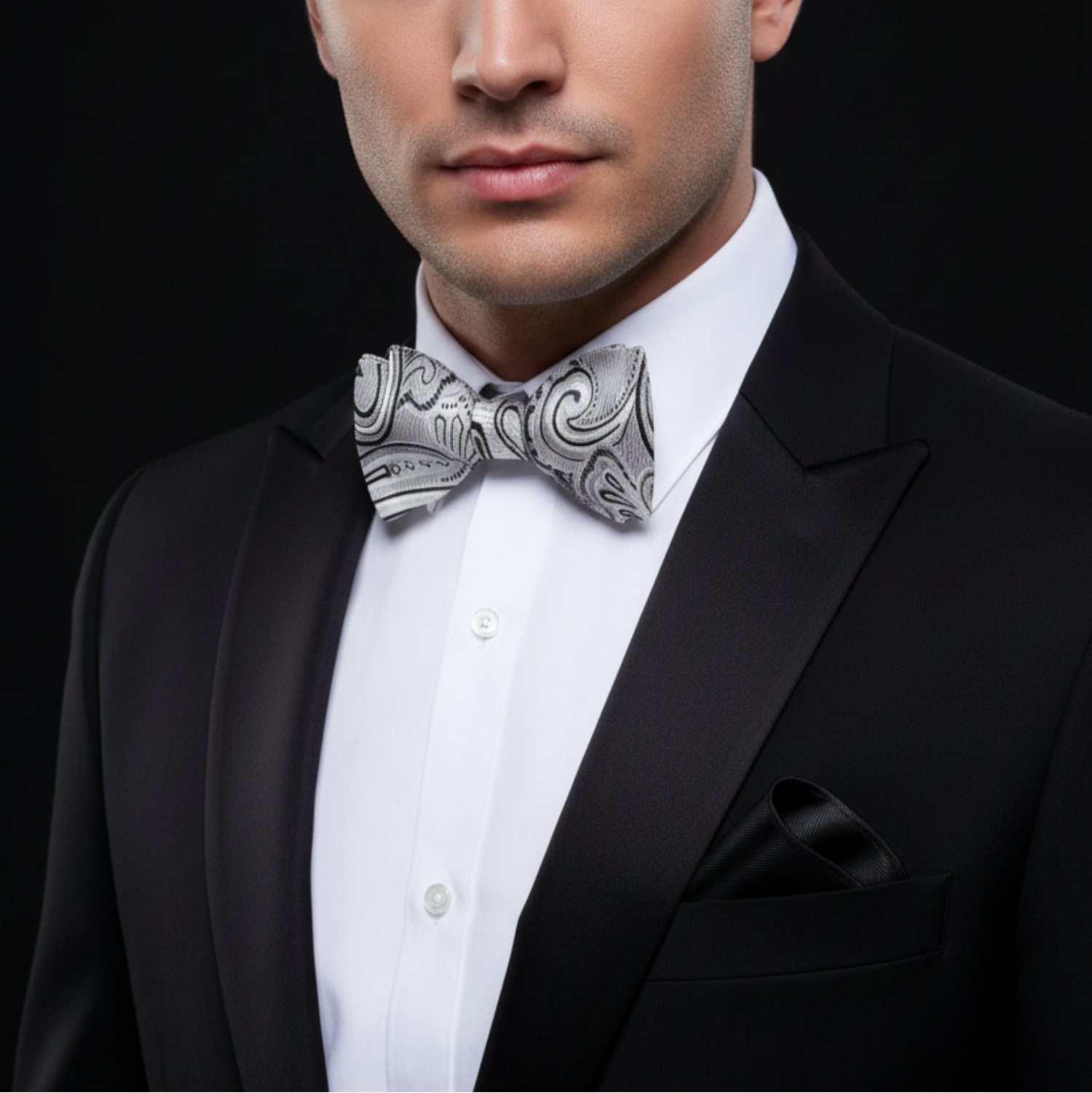 Man wearing a black tuxedo with a white shirt and patterned bow tie on a black background