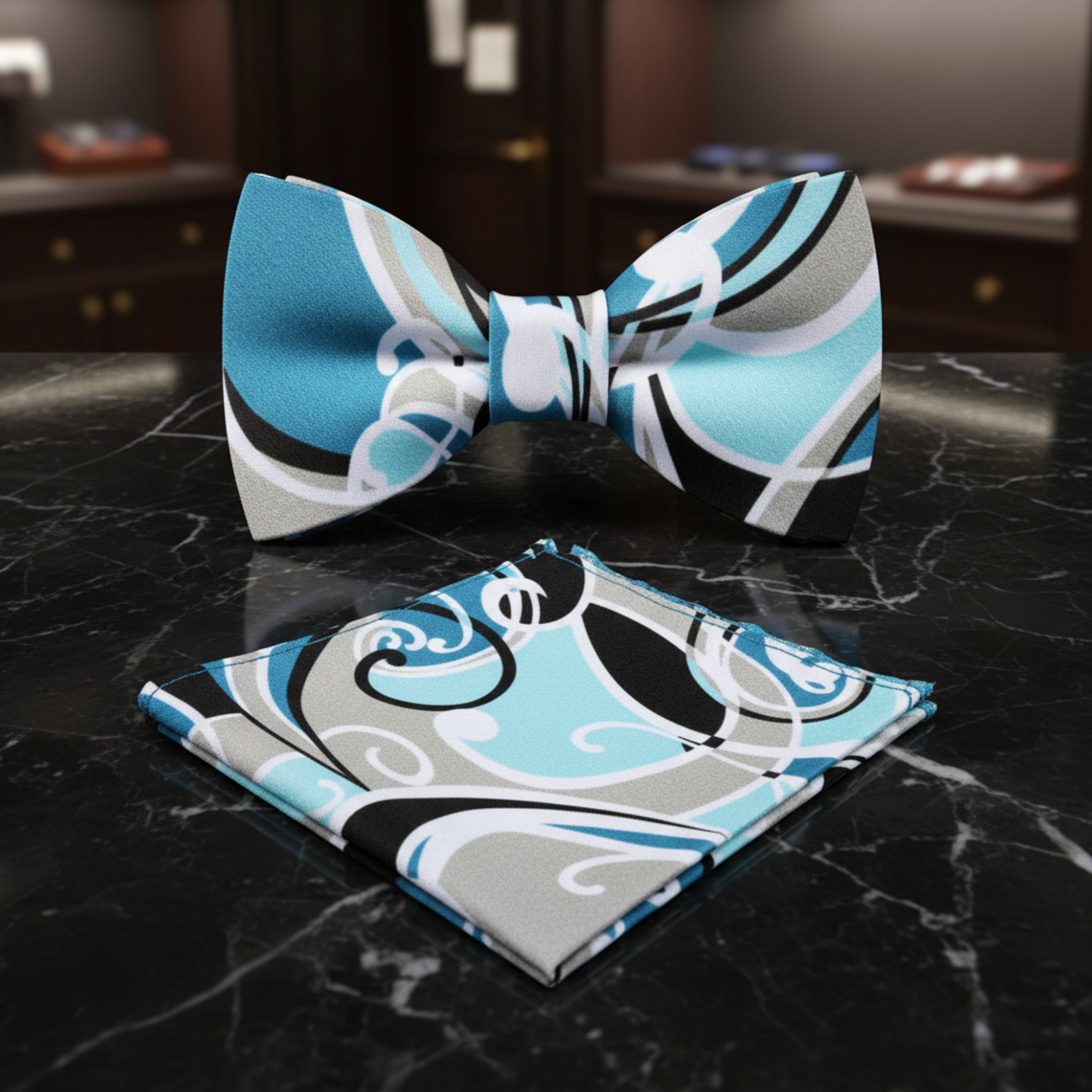 Teal, Black, Grey Abstract Bow Tie and Pocket Square