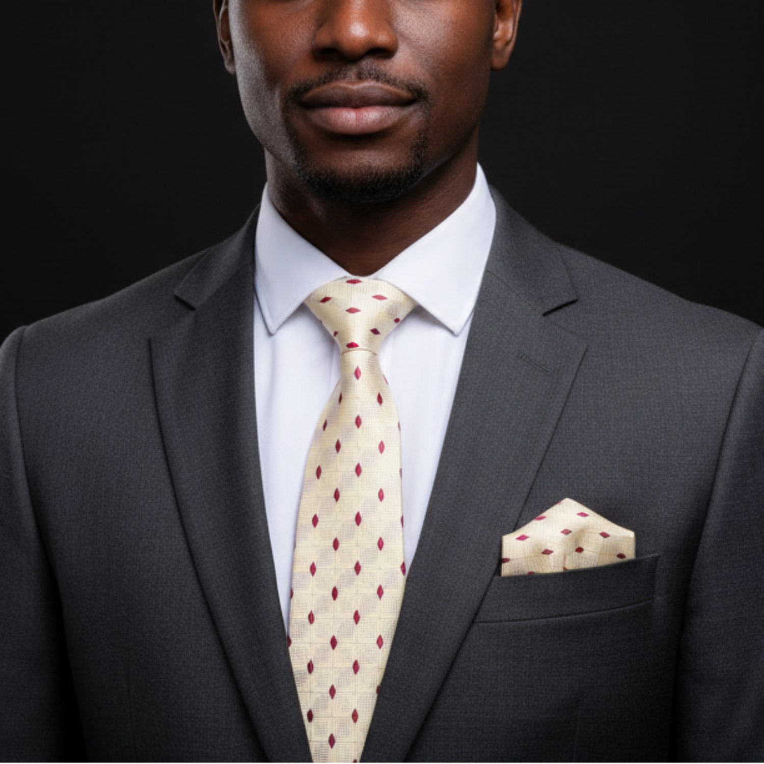 Man wearing a gray suit with a polka dot tie and pocket square against a black background