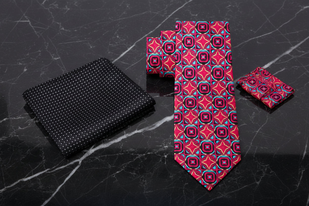 Alt View: Red, Orange, Light Blue, Black Medallions Necktie and Black, White Square