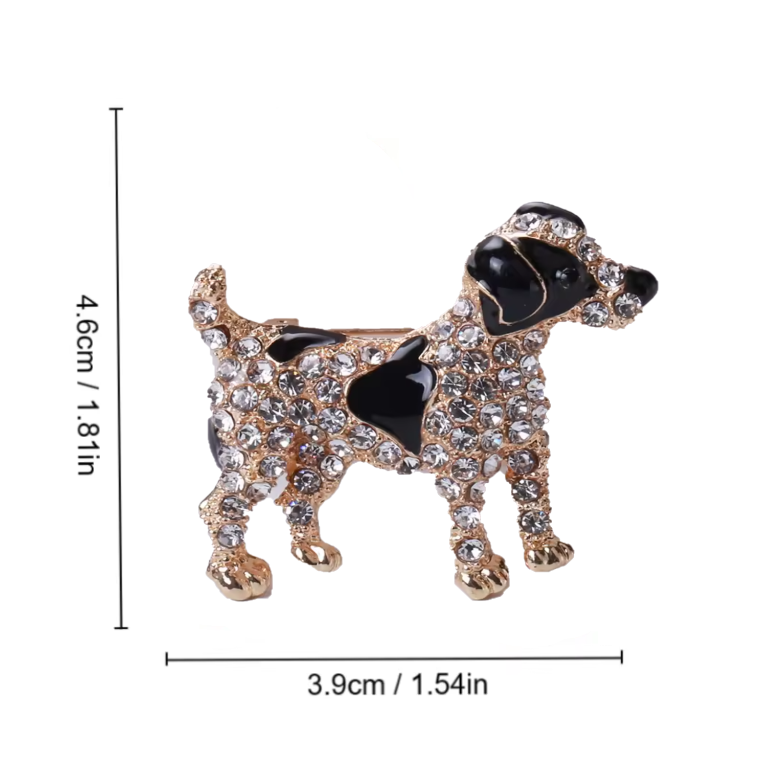 Dog-shaped brooch with black and gold details and crystal embellishments, shown with measurements on a white background.