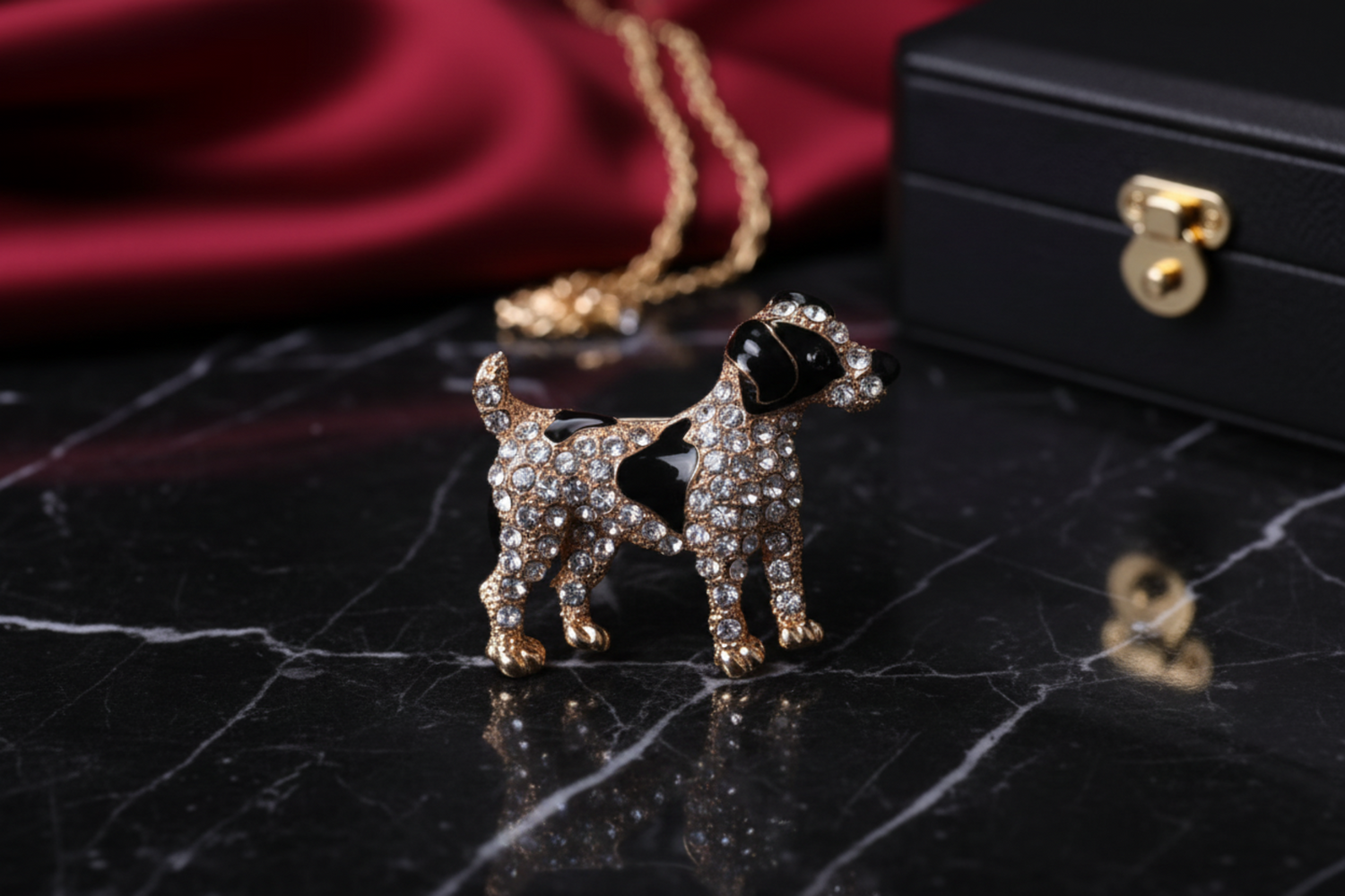 Dog-shaped brooch with black and gold details on a white background